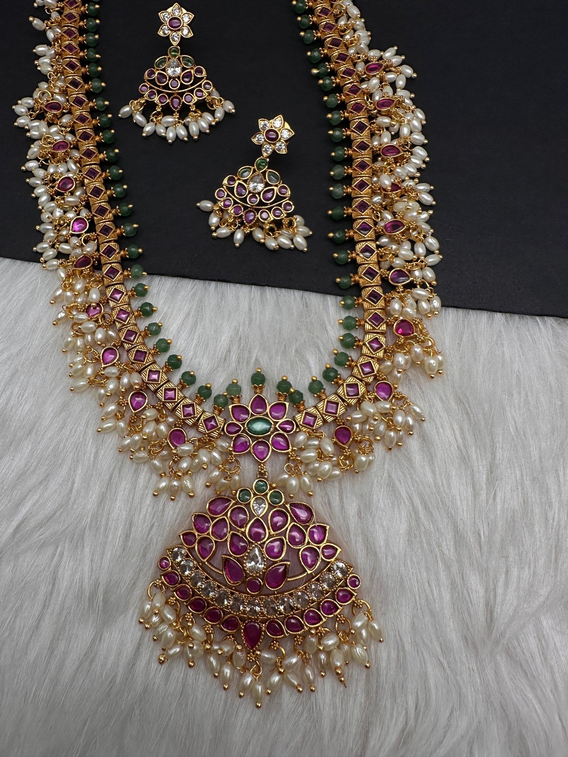Rice Pearls Kempu Long Guttapusalu Necklace - 