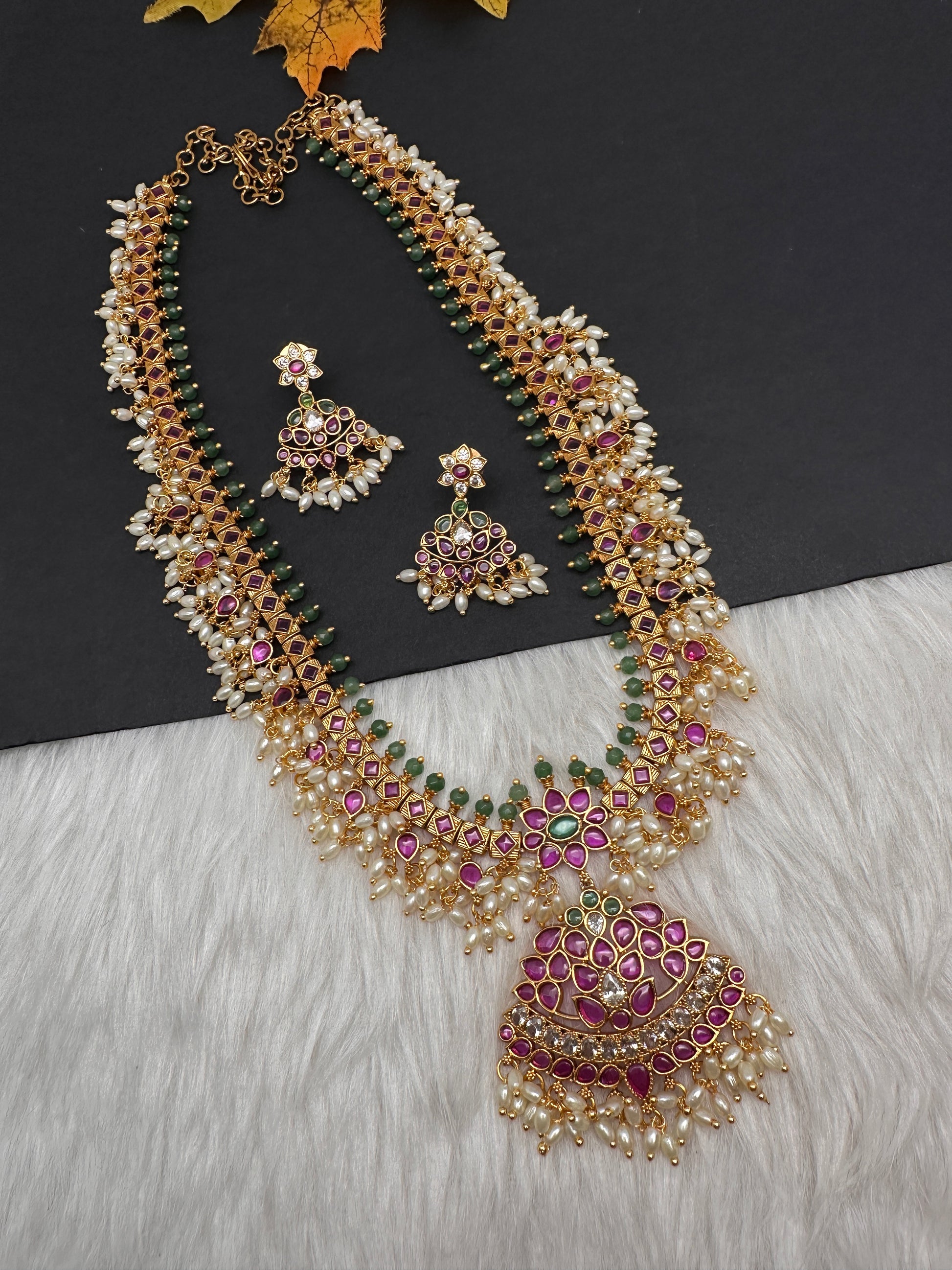 Rice Pearls Kempu Long Guttapusalu Necklace - 