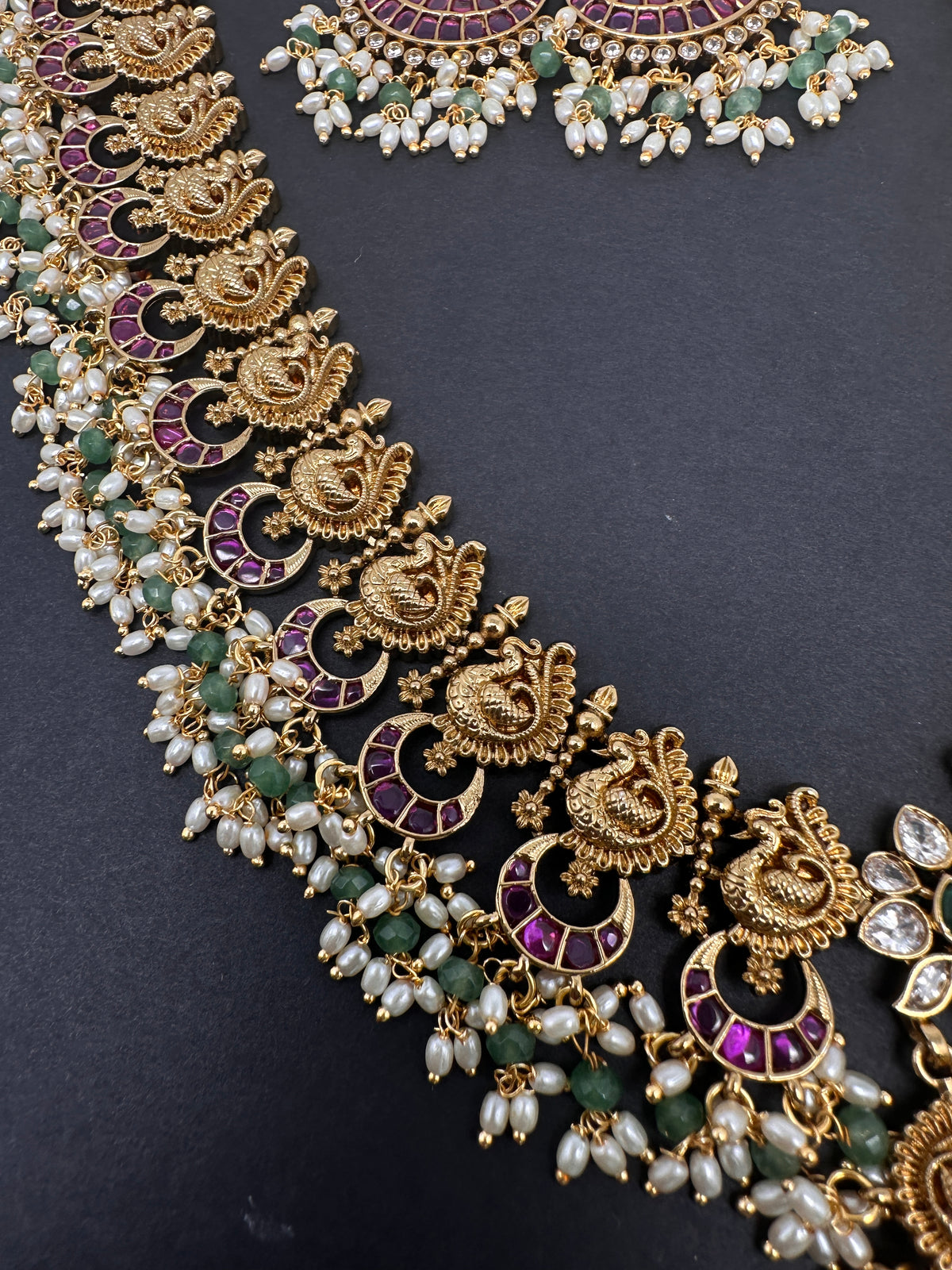 Rice Pearls Kempu Peacock Long Guttapusalu Necklace - 