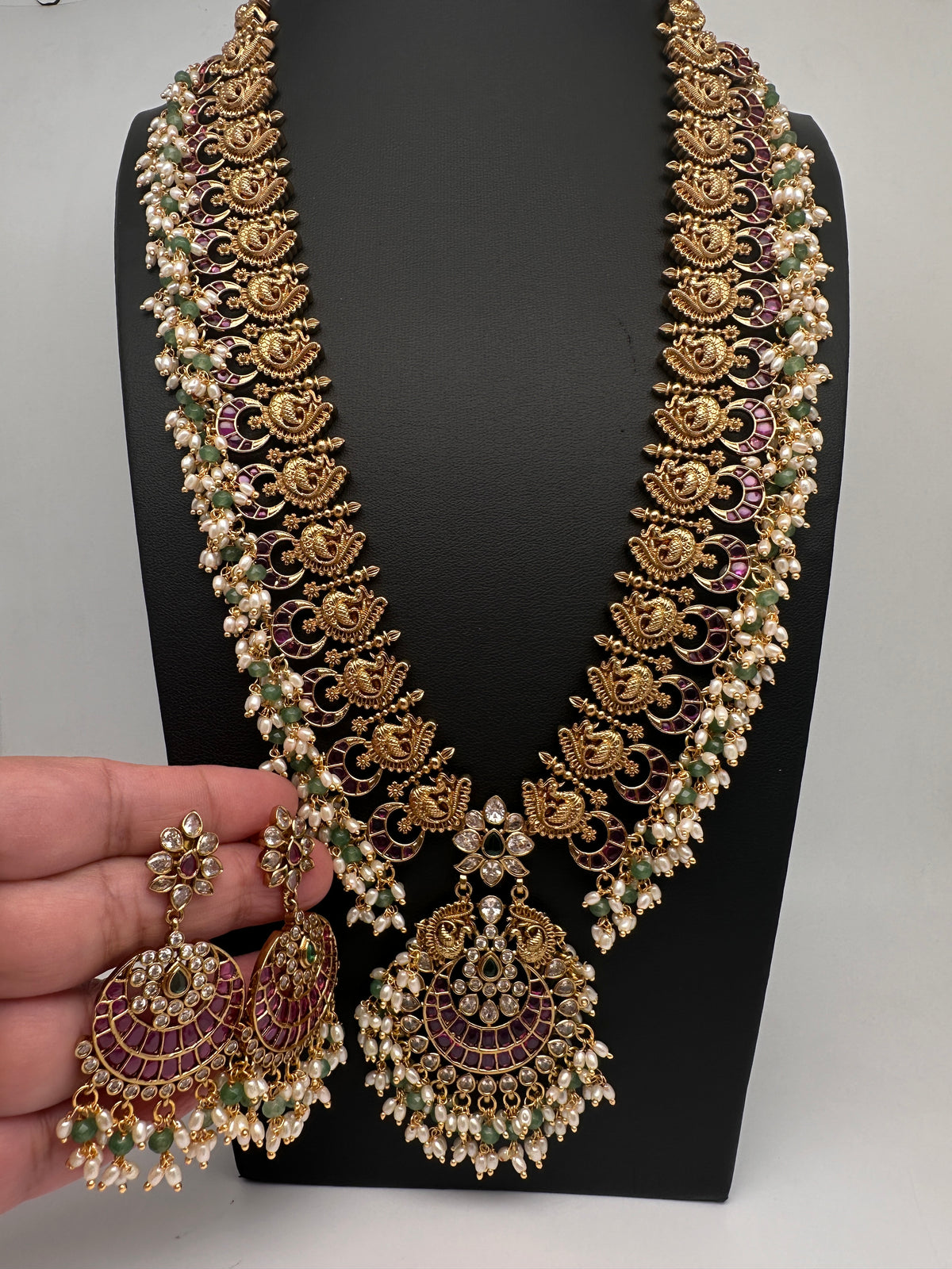 Rice Pearls Kempu Peacock Long Guttapusalu Necklace - 