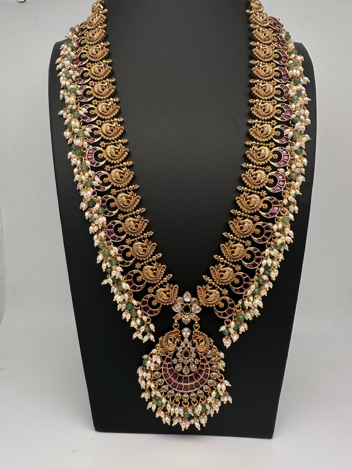Rice Pearls Kempu Peacock Long Guttapusalu Necklace - 