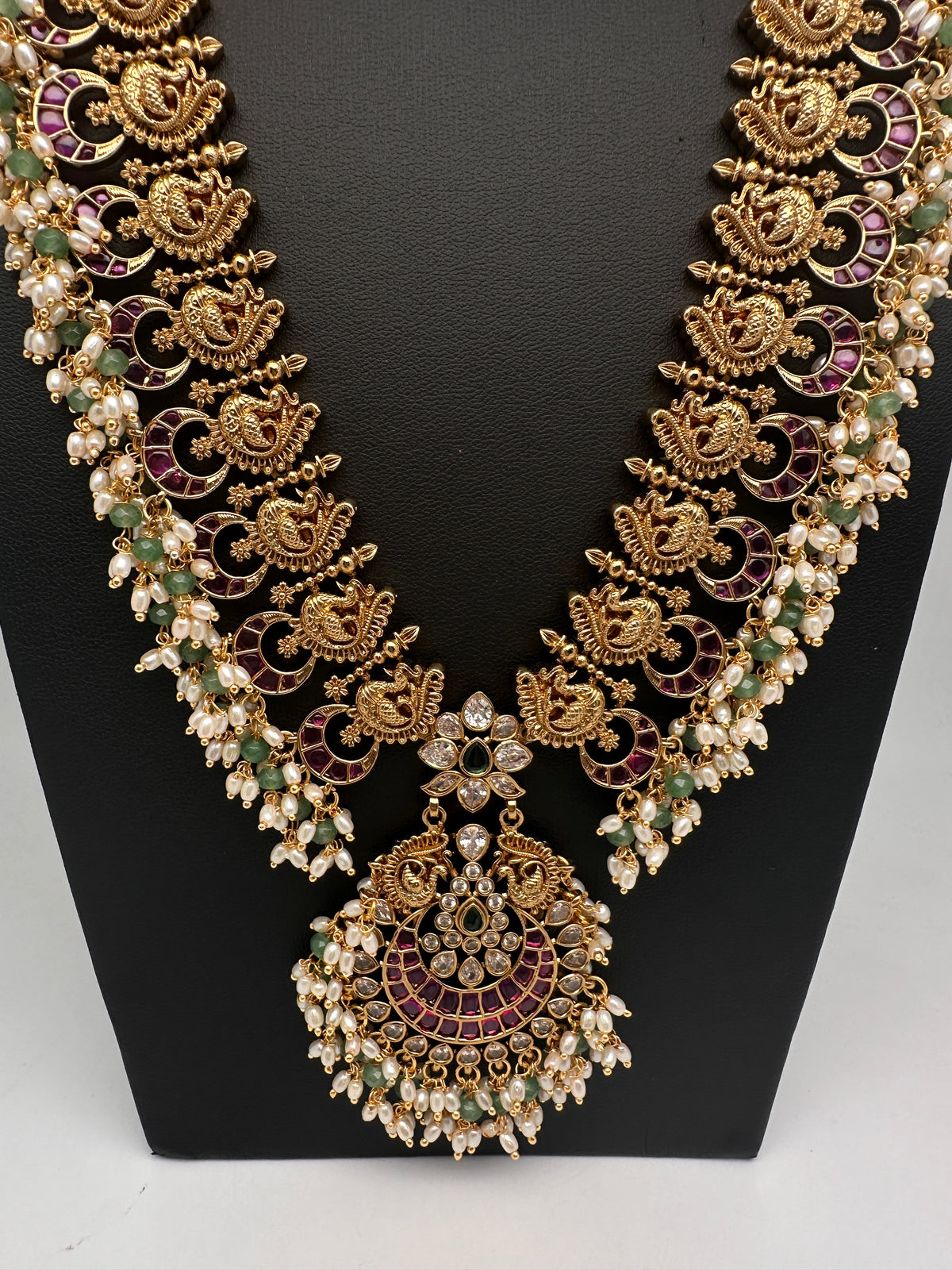 Rice Pearls Kempu Peacock Long Guttapusalu Necklace - 