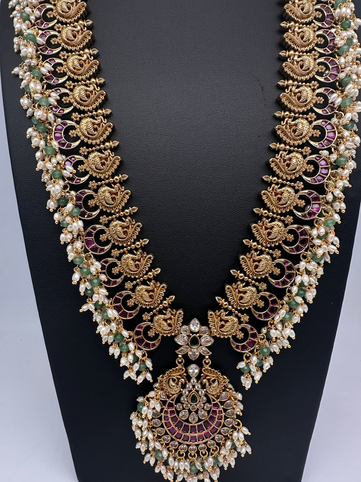 Rice Pearls Kempu Peacock Long Guttapusalu Necklace - 