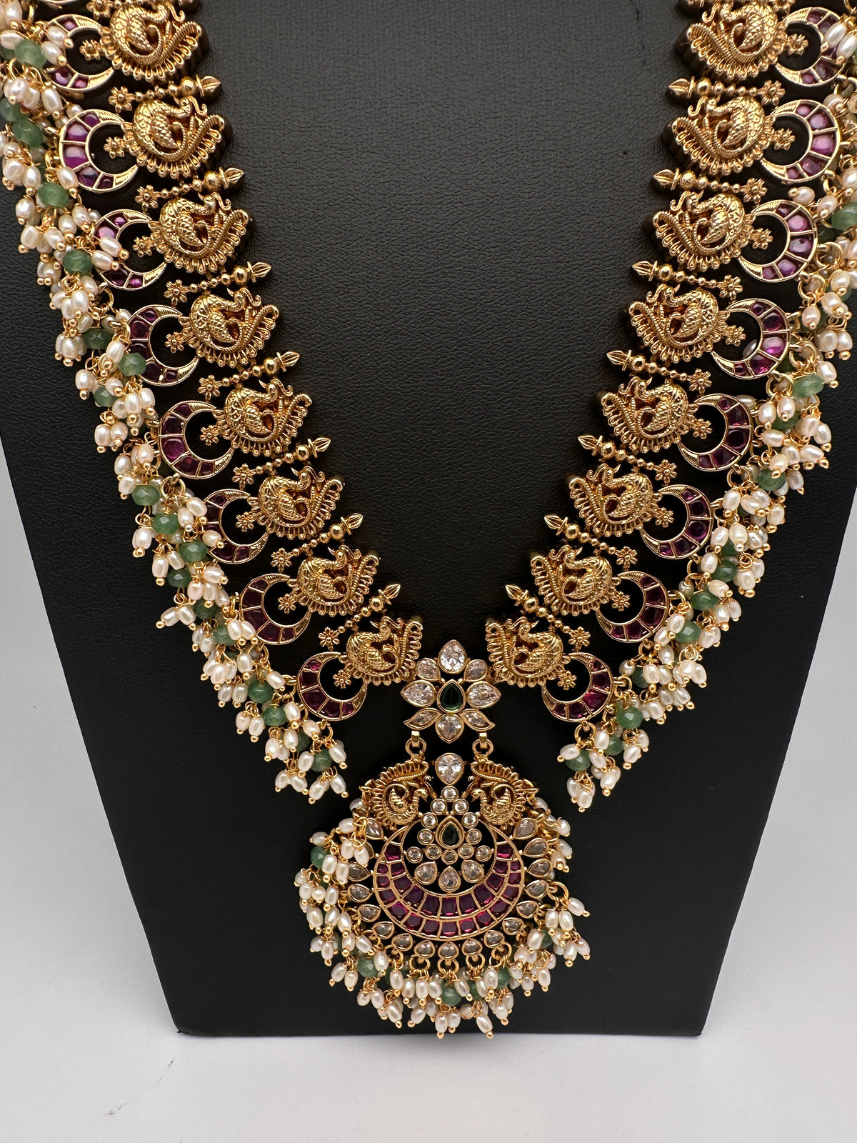 Rice Pearls Kempu Peacock Long Guttapusalu Necklace - 