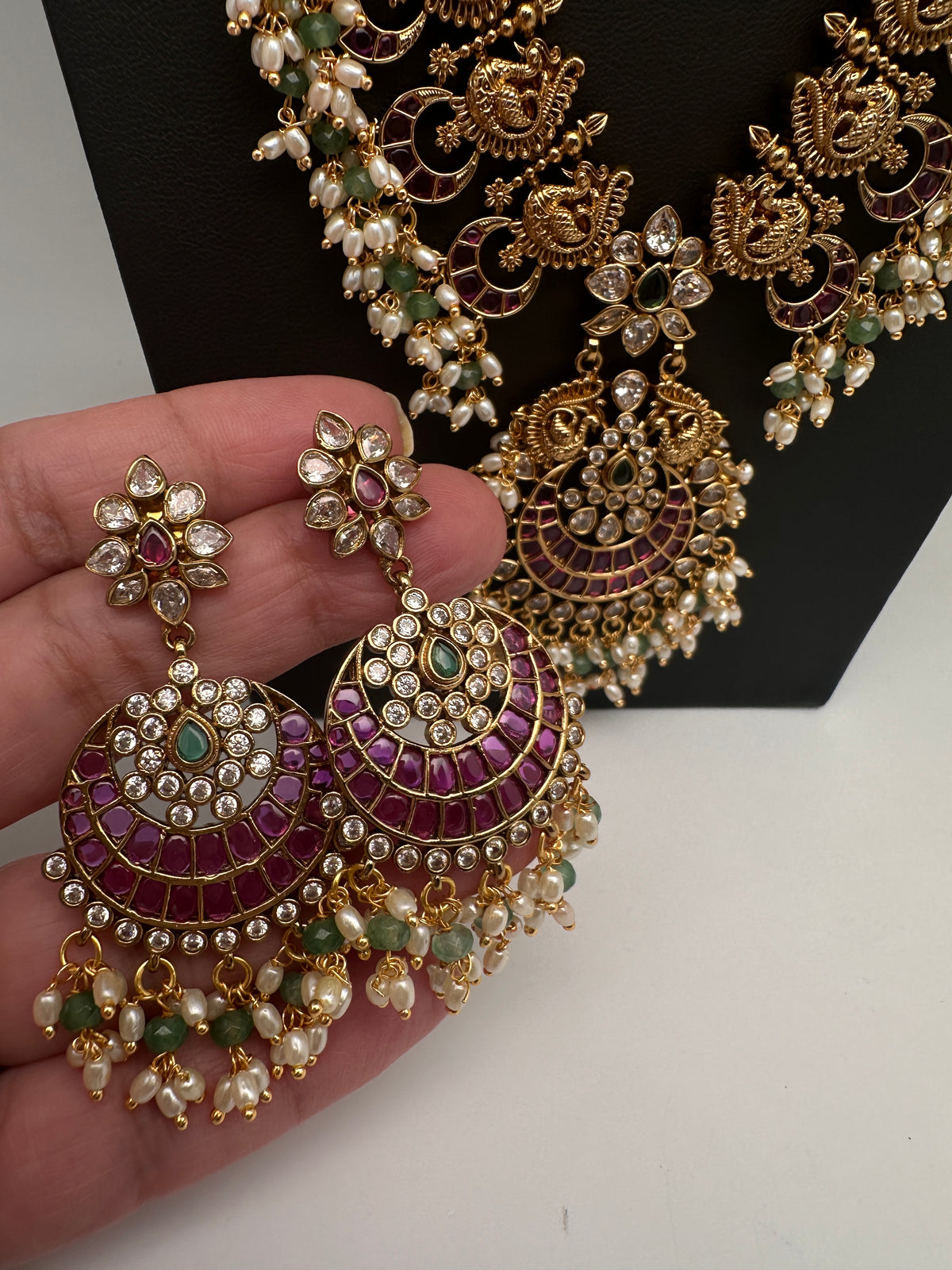 Rice Pearls Kempu Peacock Long Guttapusalu Necklace - 