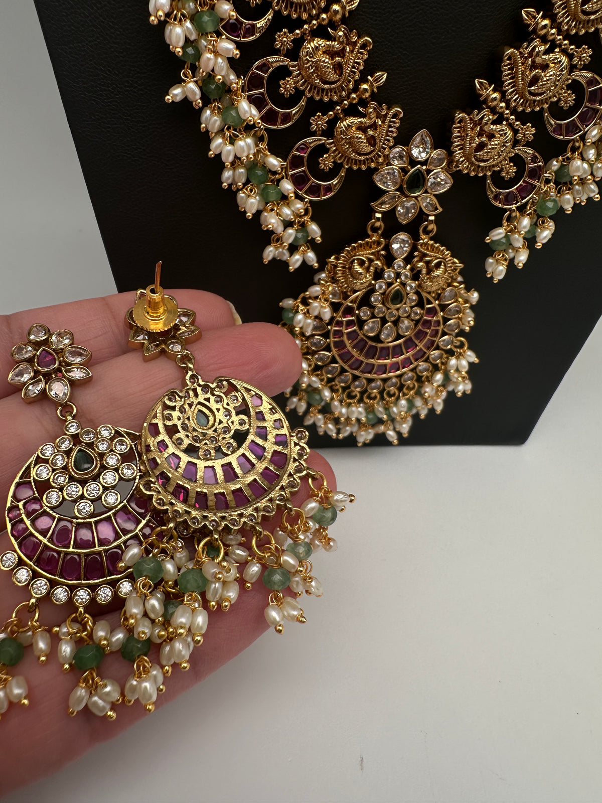 Rice Pearls Kempu Peacock Long Guttapusalu Necklace - 