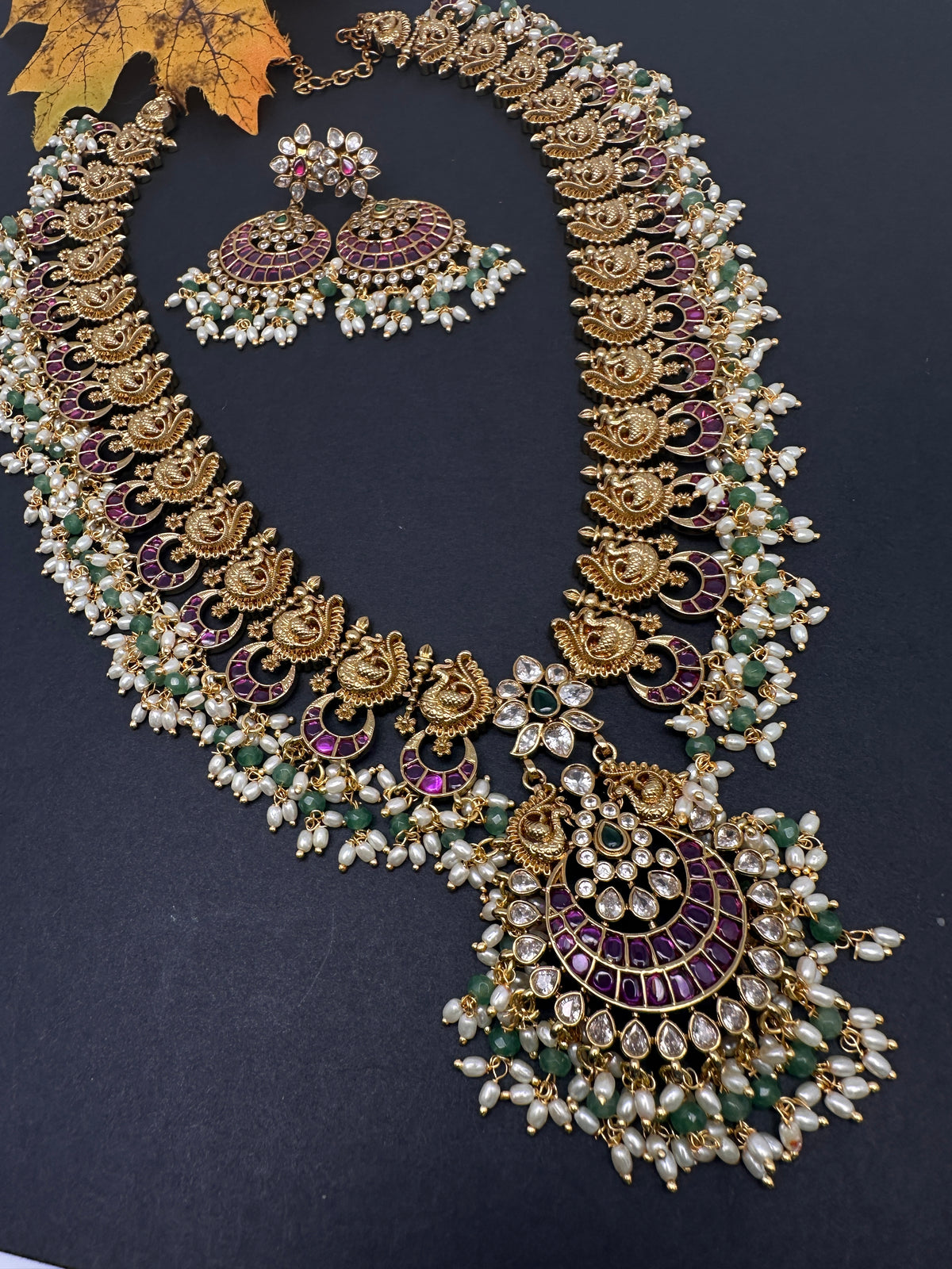 Rice Pearls Kempu Peacock Long Guttapusalu Necklace - 