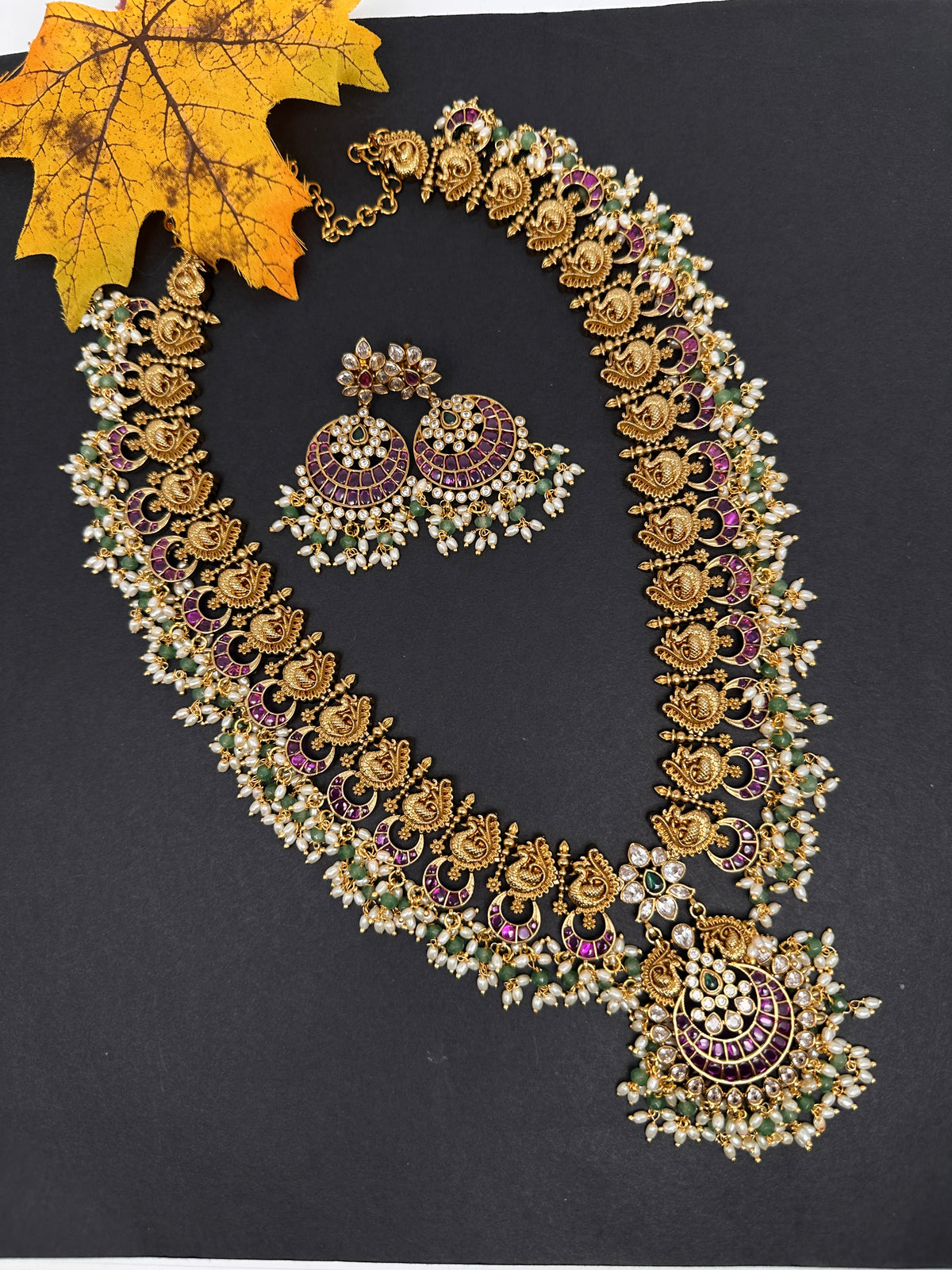 Rice Pearls Kempu Peacock Long Guttapusalu Necklace - 