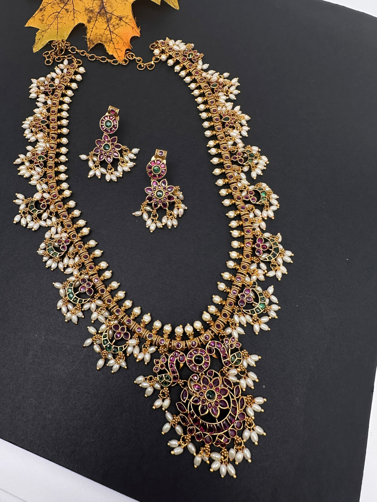 Rice Pearls Kempu Long Guttapusalu Necklace - 