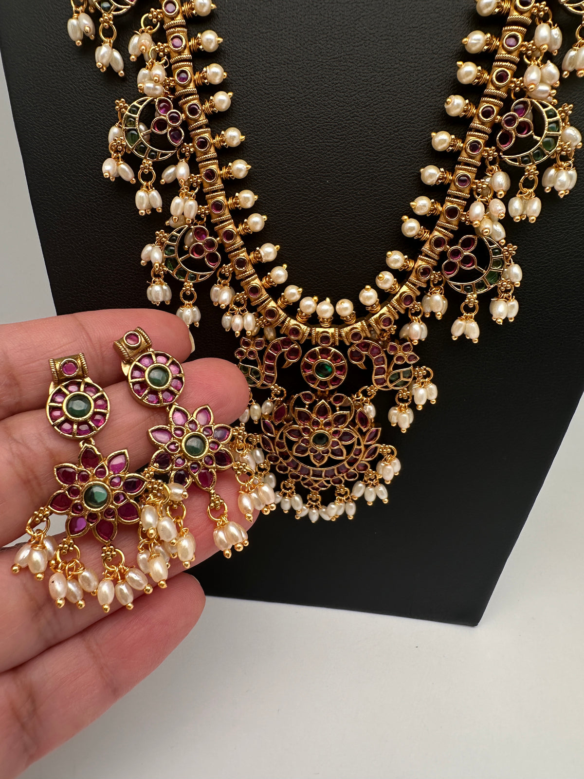 Rice Pearls Kempu Long Guttapusalu Necklace - 