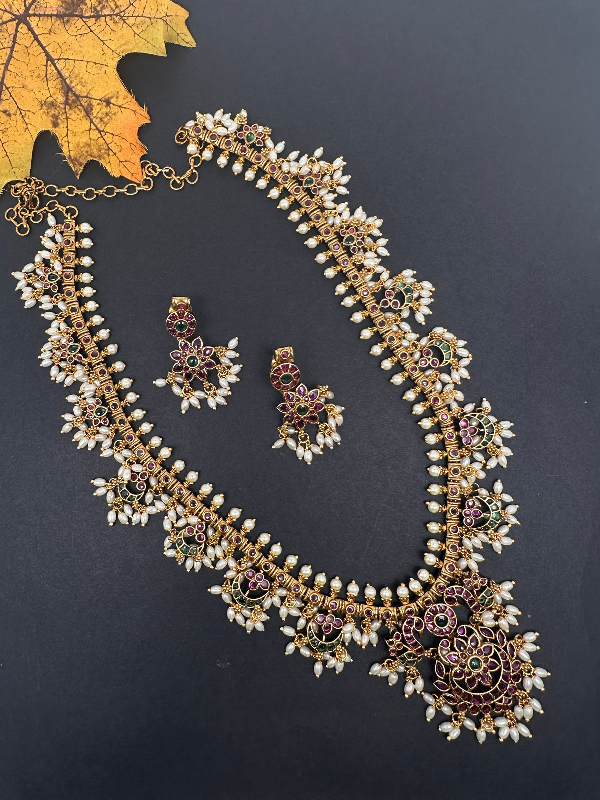 Rice Pearls Kempu Long Guttapusalu Necklace - 