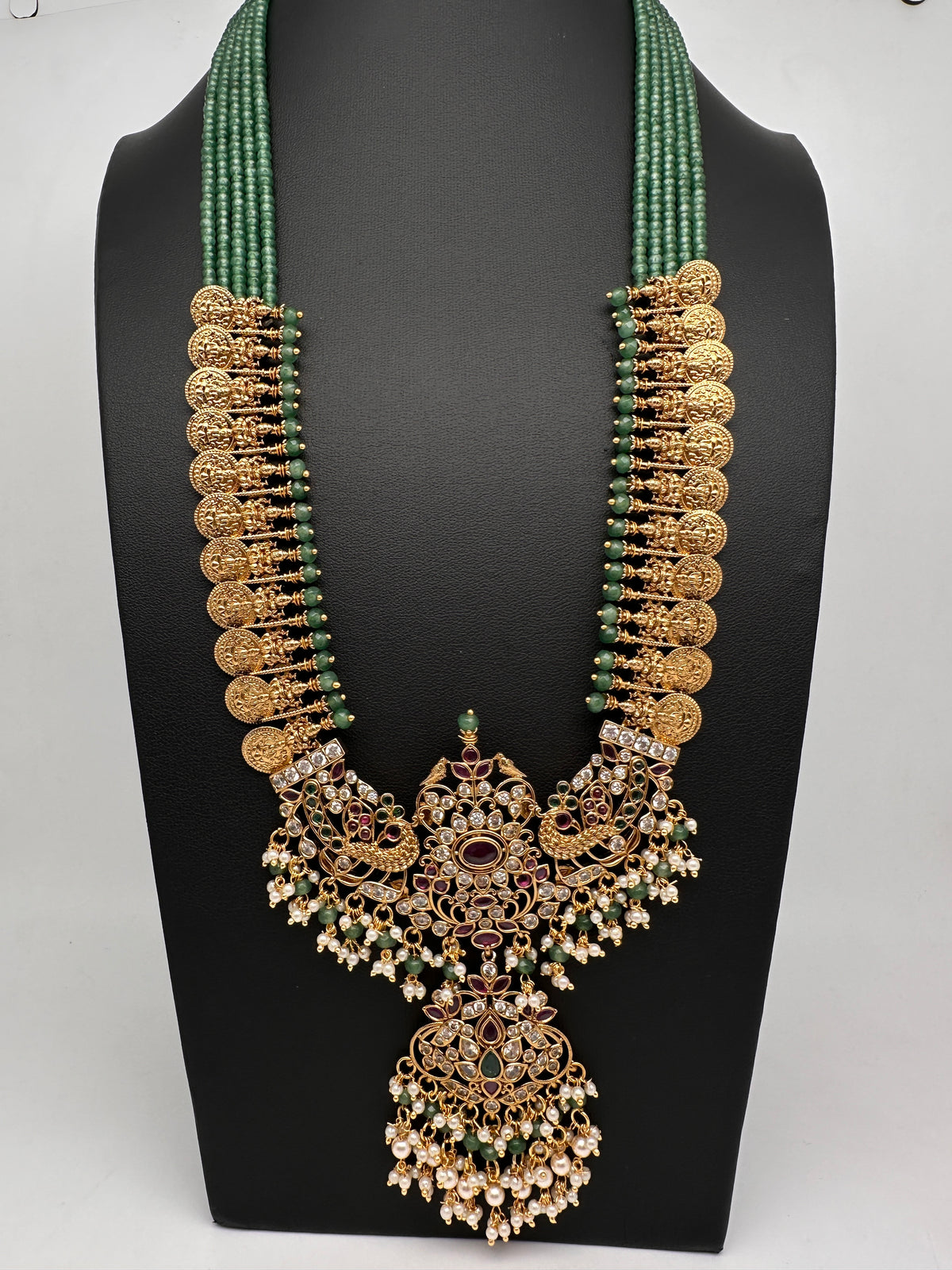 Goddess Lakshmi Kassu Coins Beads Long Necklace - Green