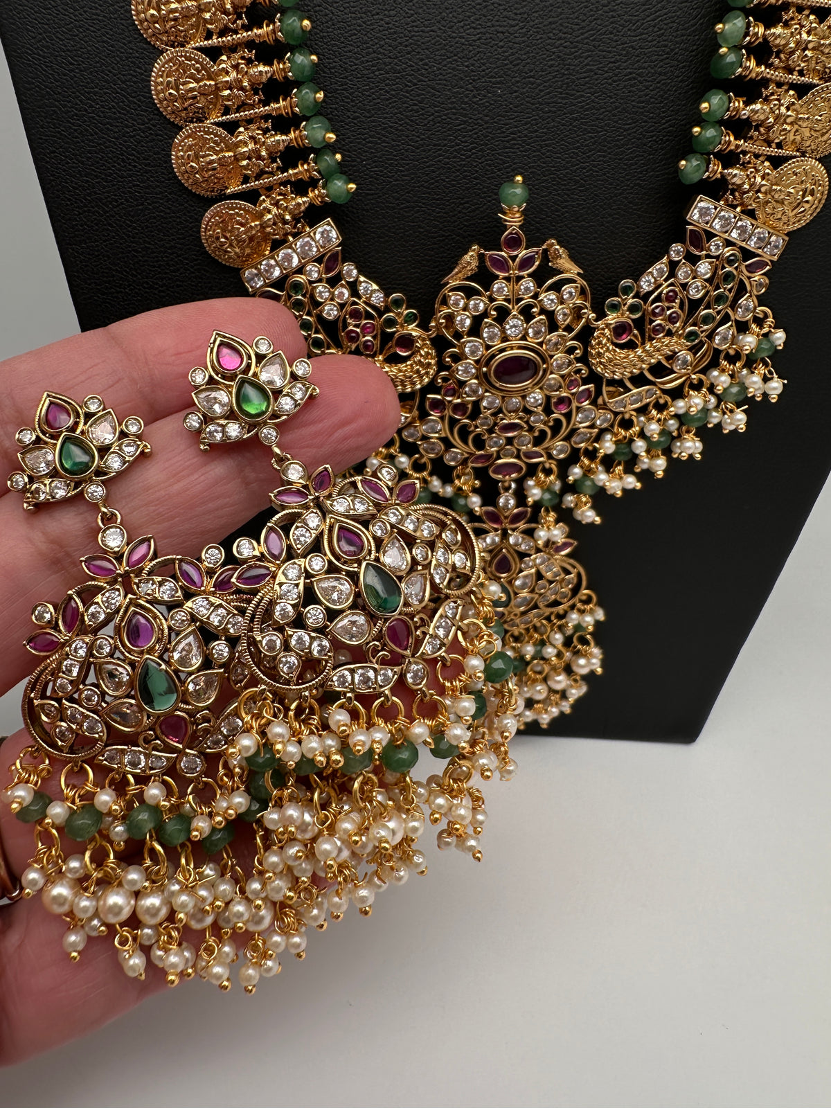Goddess Lakshmi Kassu Coins Beads Long Necklace - Green