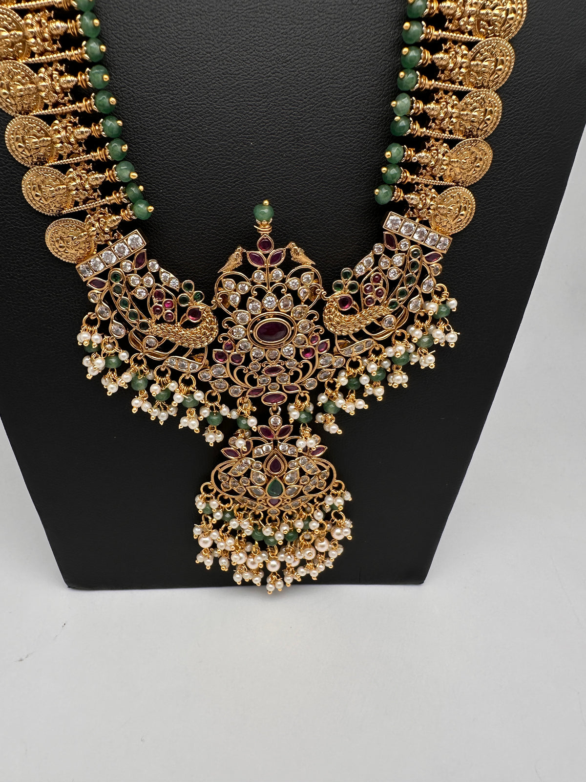 Goddess Lakshmi Kassu Coins Beads Long Necklace - Green