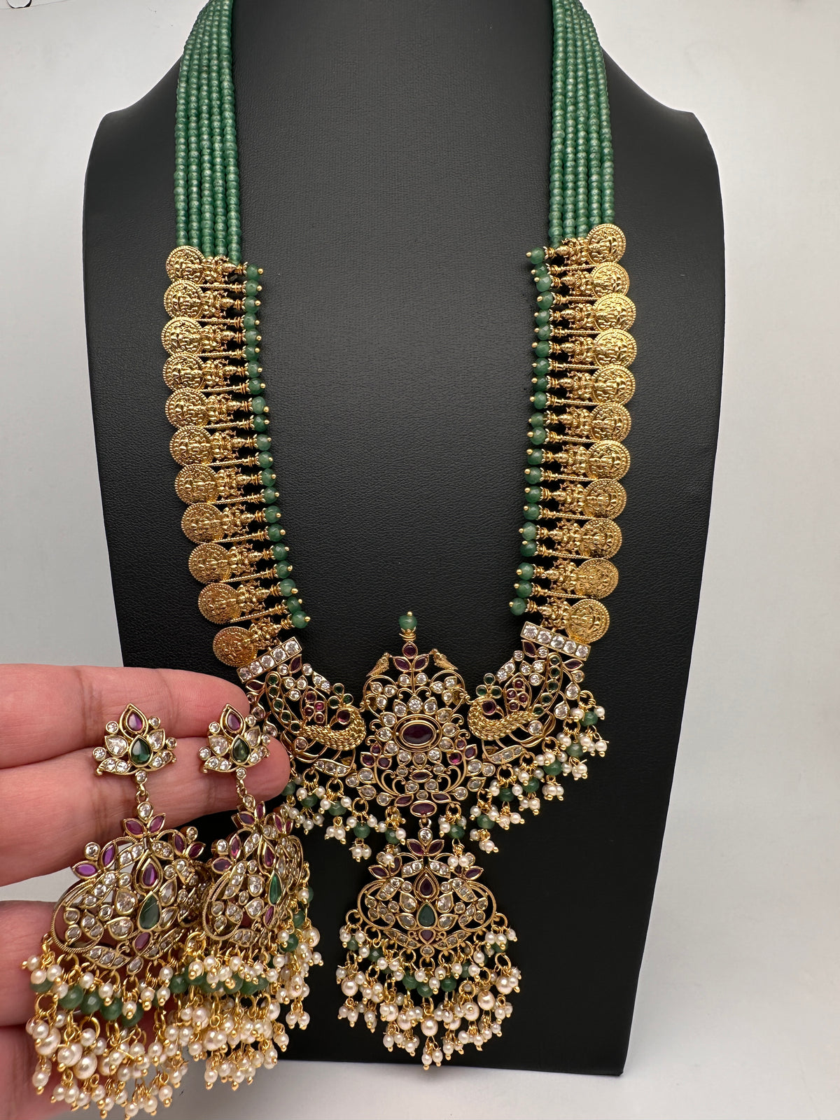 Goddess Lakshmi Kassu Coins Beads Long Necklace - Green