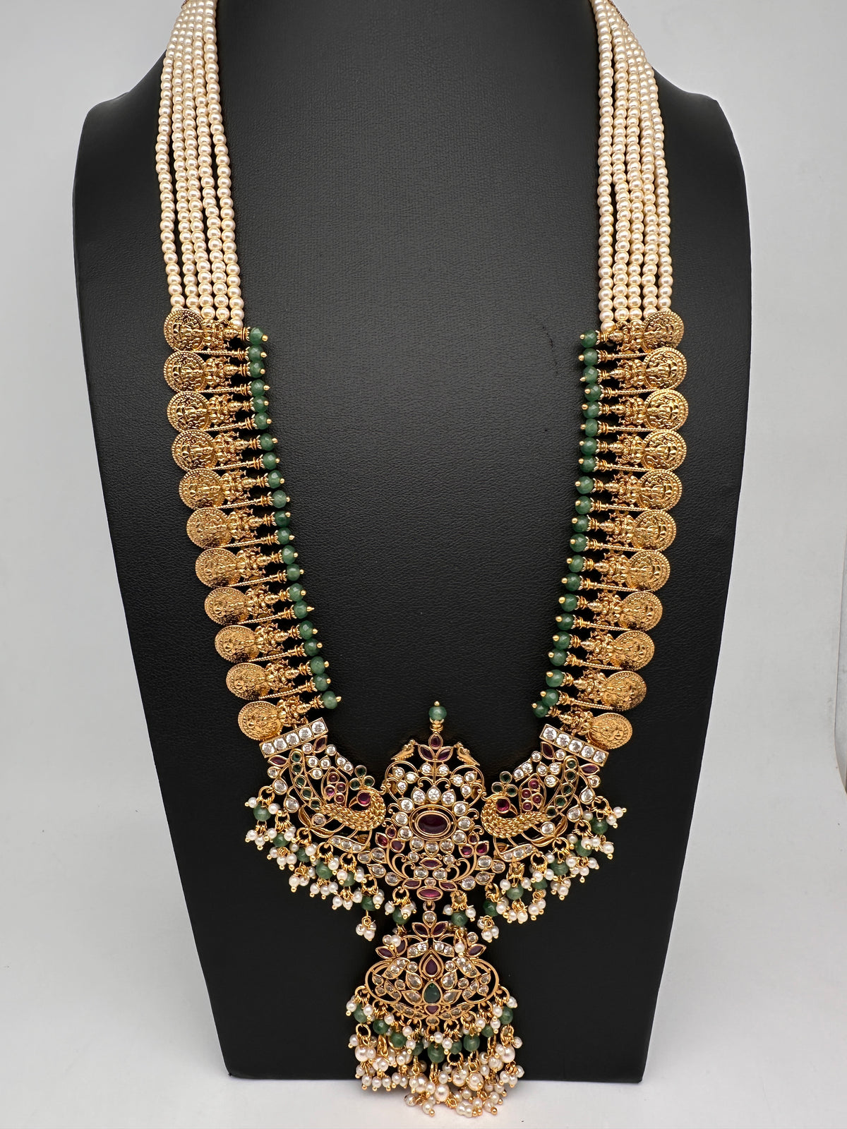 Goddess Lakshmi Kassu Coins Beads Long Necklace - Pearl
