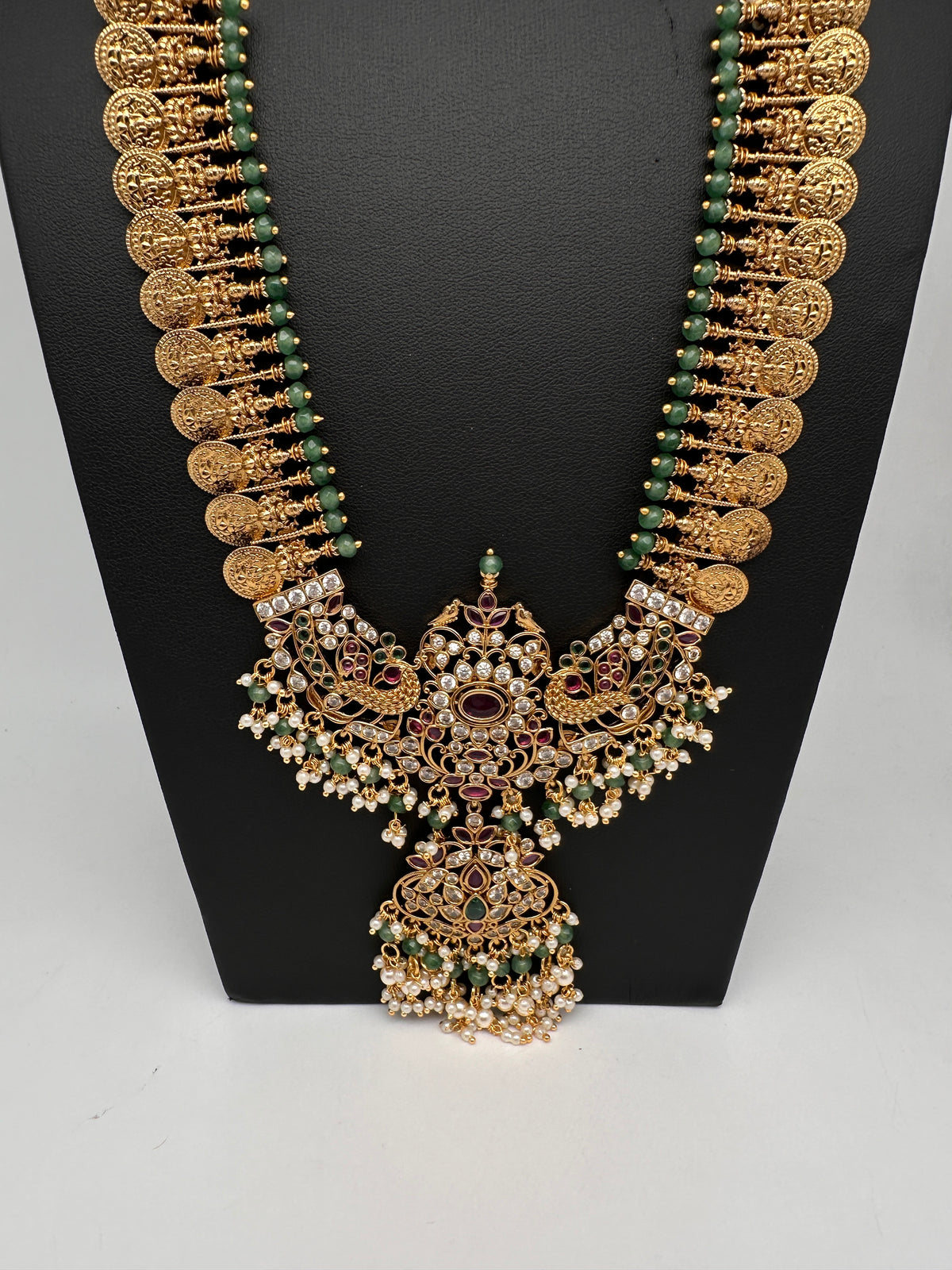 Goddess Lakshmi Kassu Coins Beads Long Necklace - Pearl