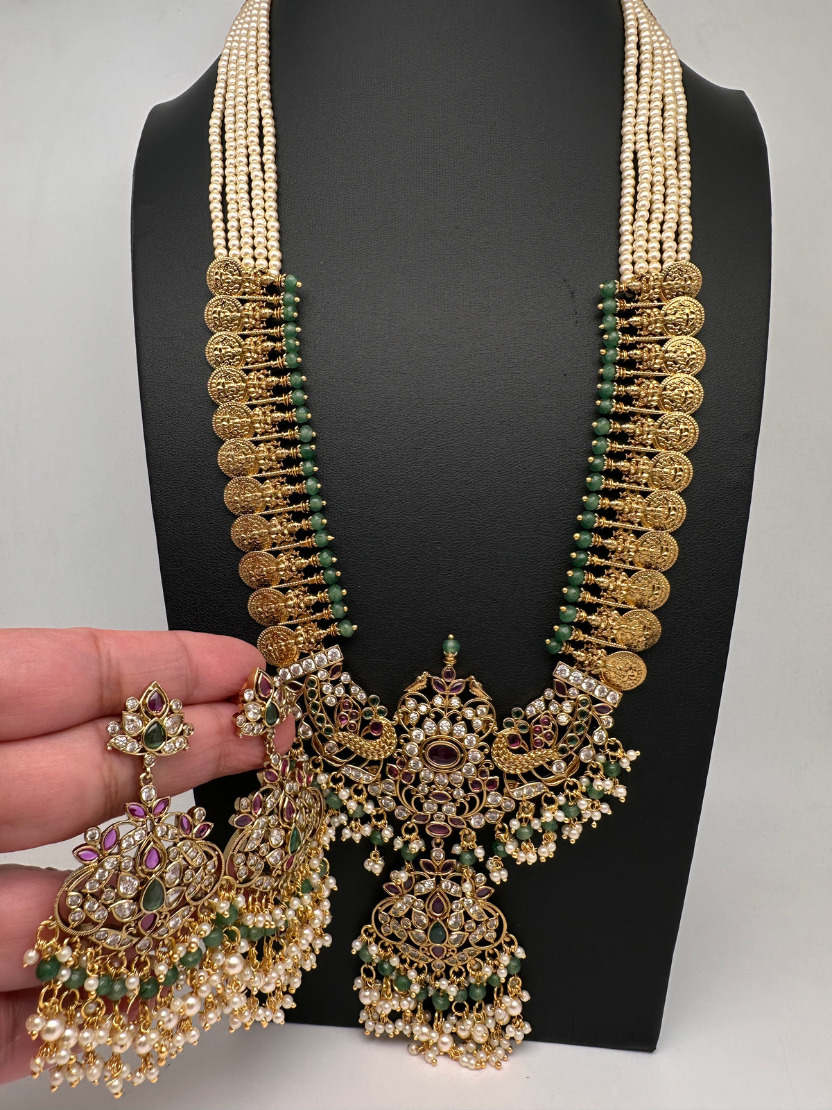 Goddess Lakshmi Kassu Coins Beads Long Necklace - Pearl