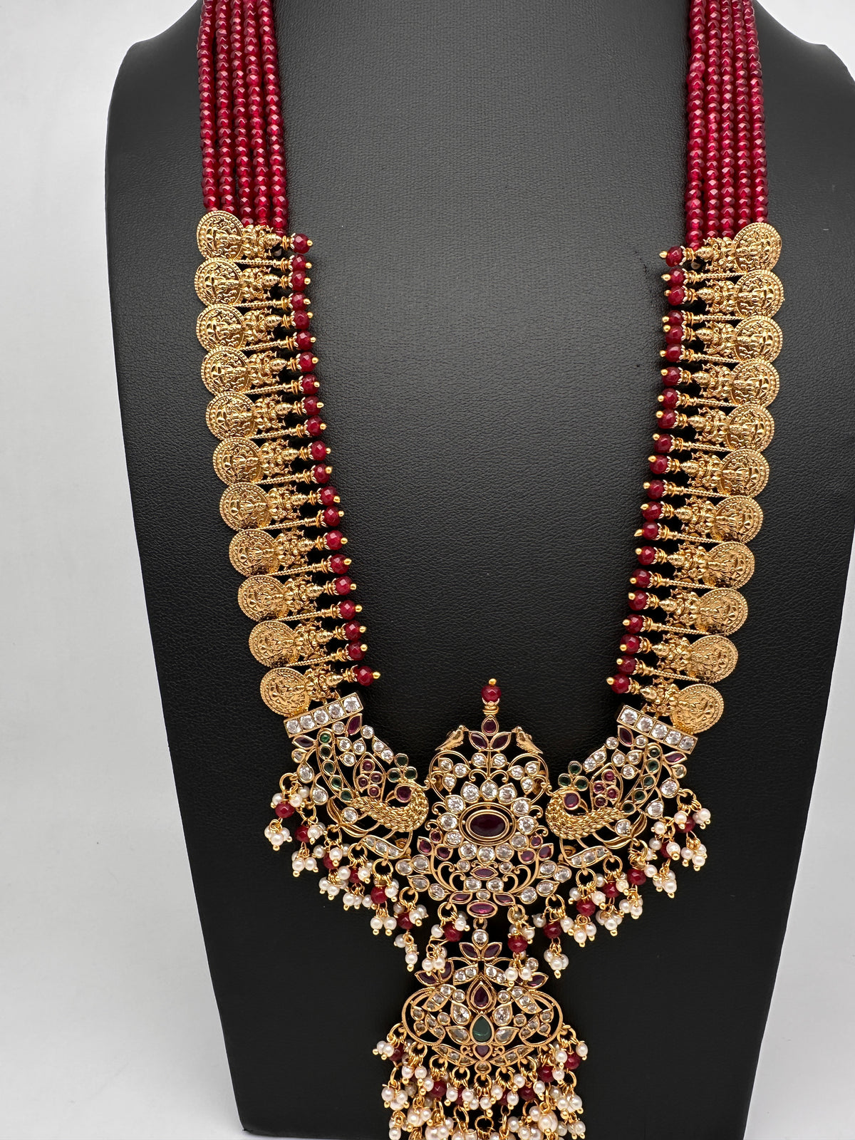 Goddess Lakshmi Kassu Coins Beads Long Necklace - Red