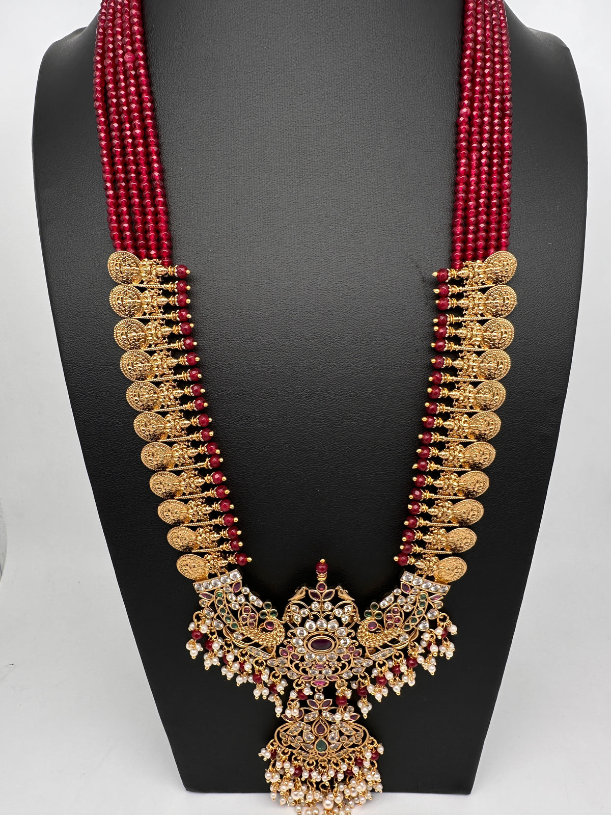 Goddess Lakshmi Kassu Coins Beads Long Necklace - Red
