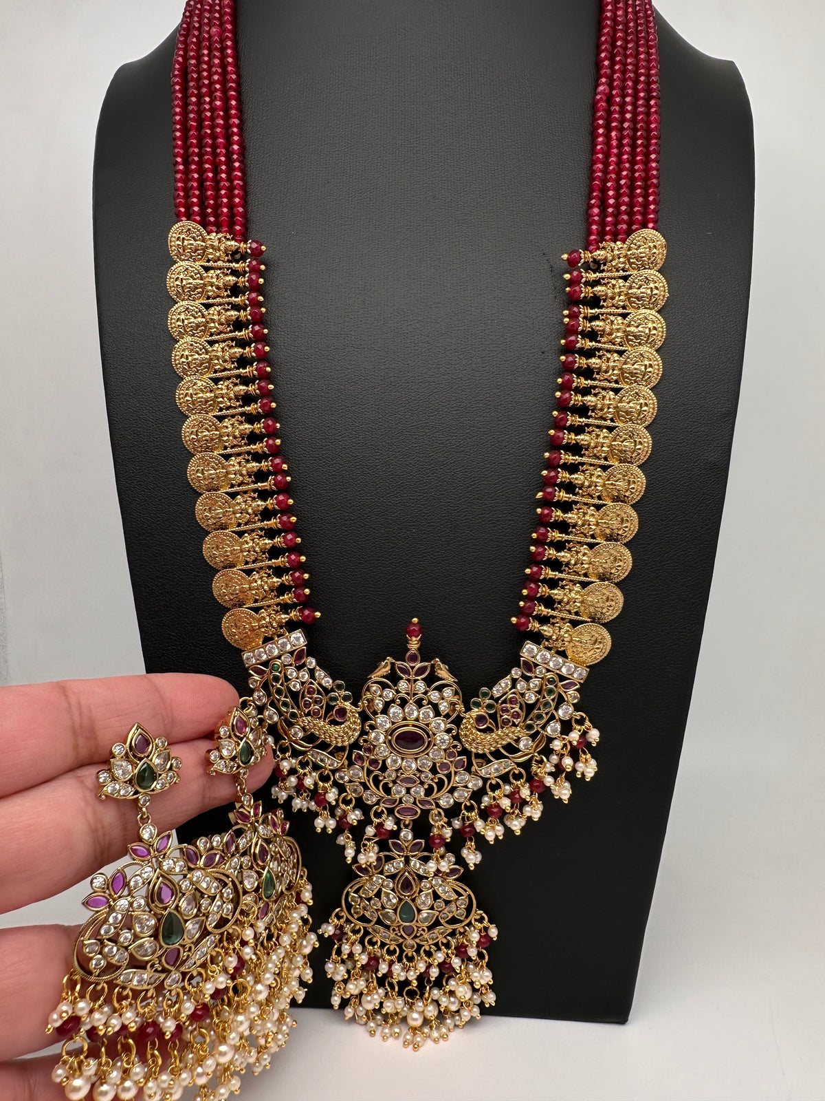 Goddess Lakshmi Kassu Coins Beads Long Necklace - Red