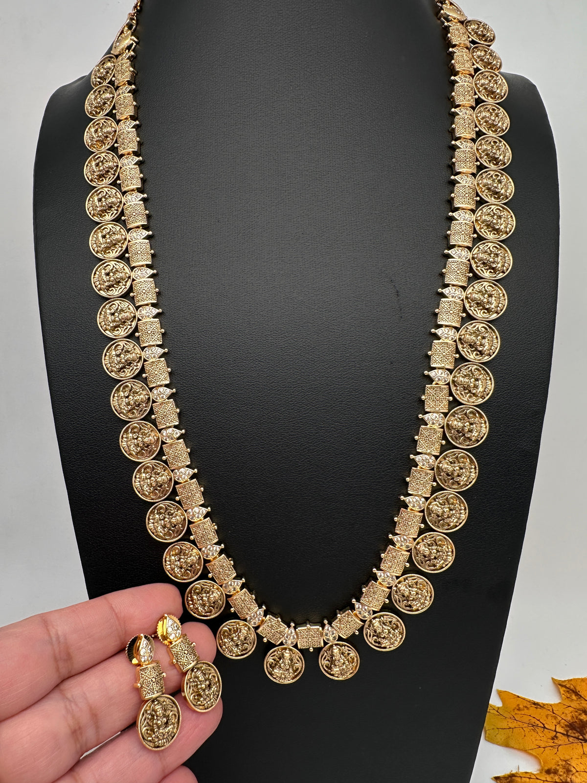 Matte Antique Goddess Lakshmi Kassu Mala Necklace - TJ000987