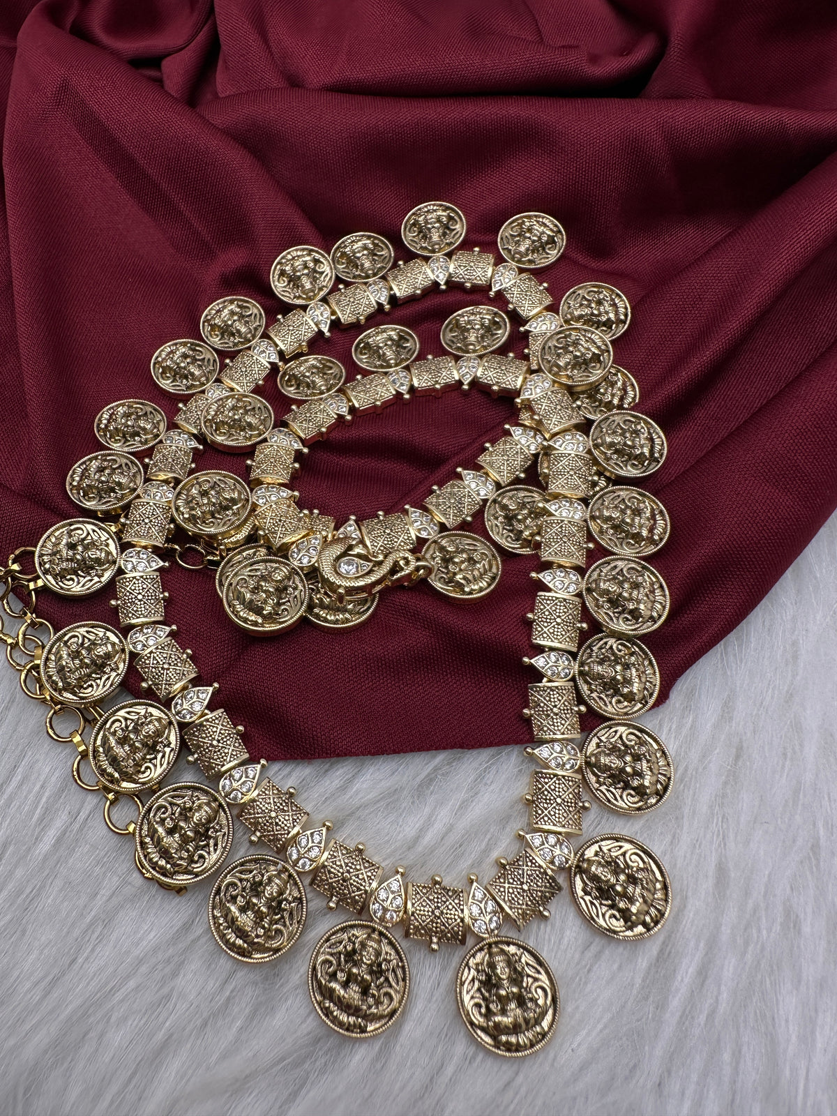 Matte Antique Goddess Lakshmi Kassu Mala Necklace - TJ000987