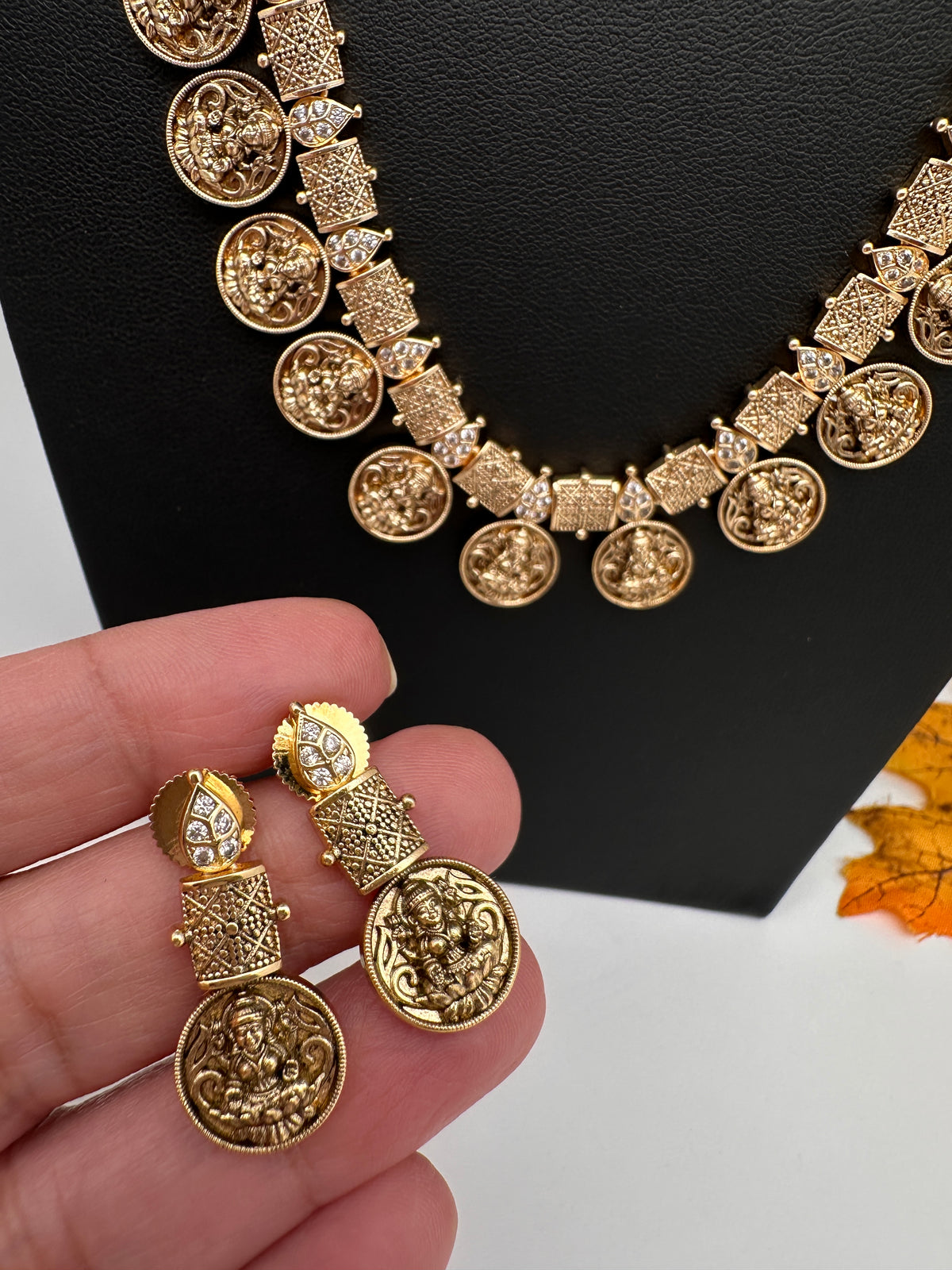 Matte Antique Goddess Lakshmi Kassu Mala Necklace - TJ000987