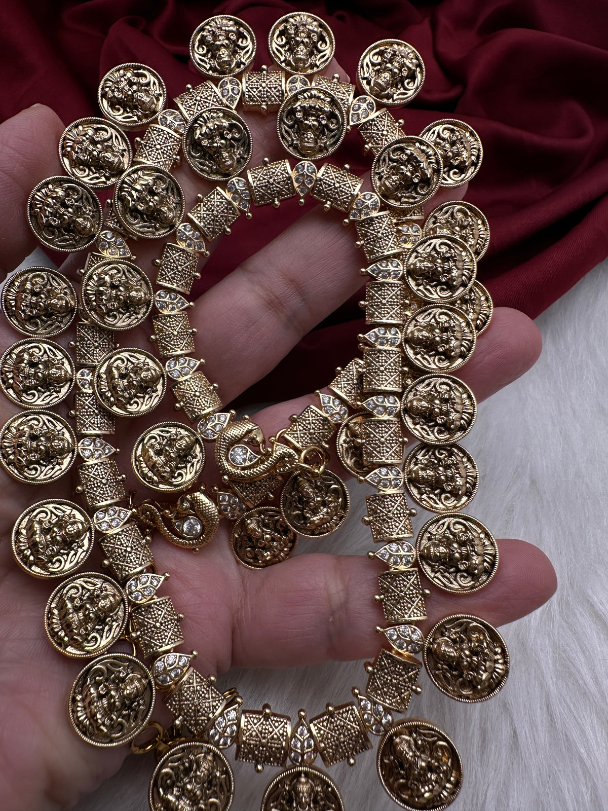 Matte Antique Goddess Lakshmi Kassu Mala Necklace - TJ000987