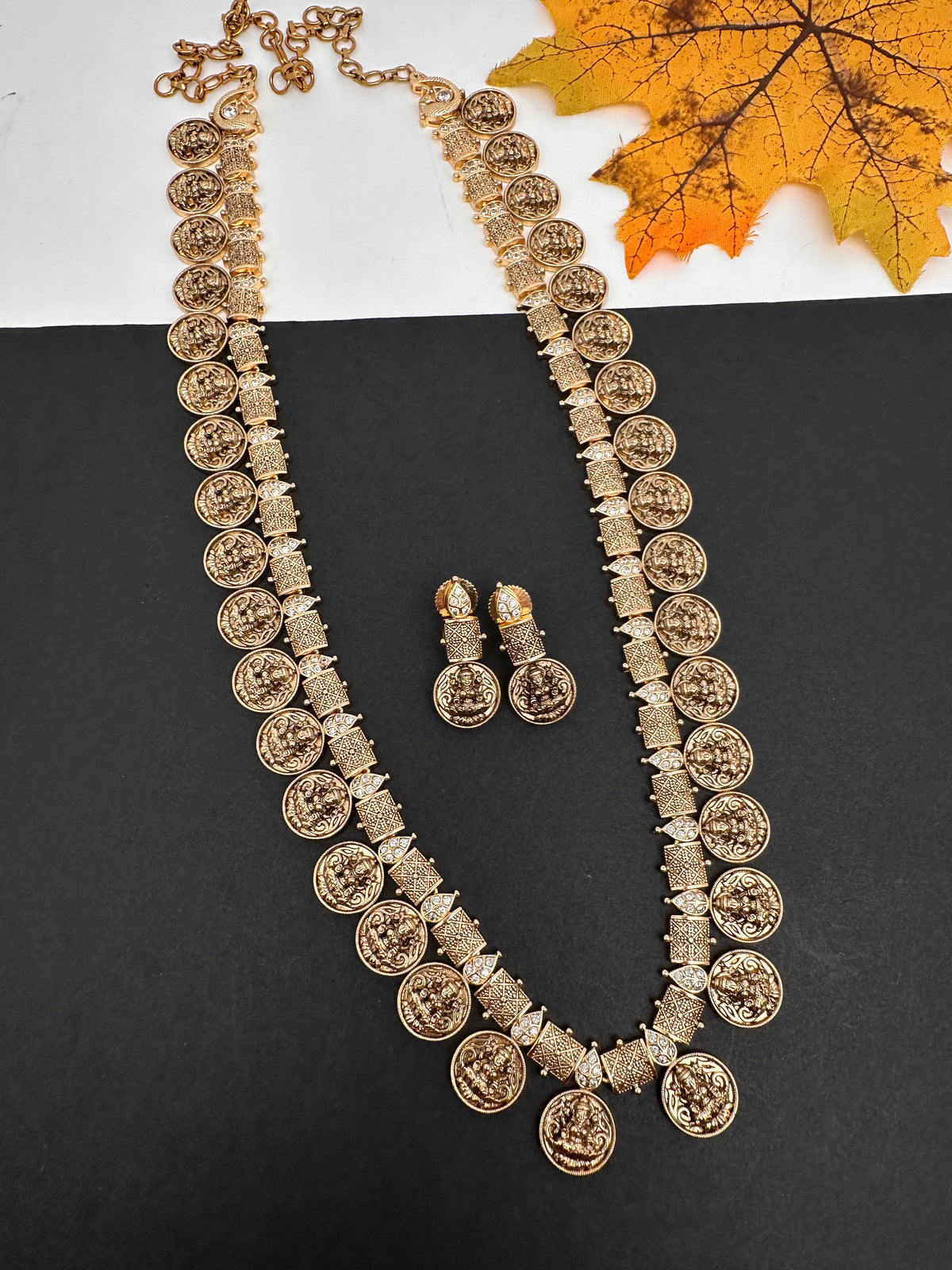 Matte Antique Goddess Lakshmi Kassu Mala Necklace - TJ000987