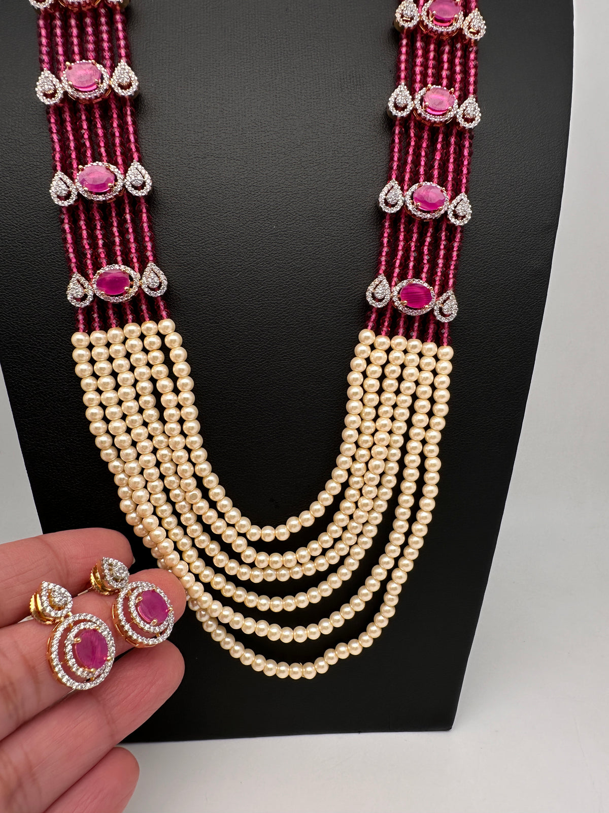 Pearls Beads Multi Layer Long Necklace - Pink
