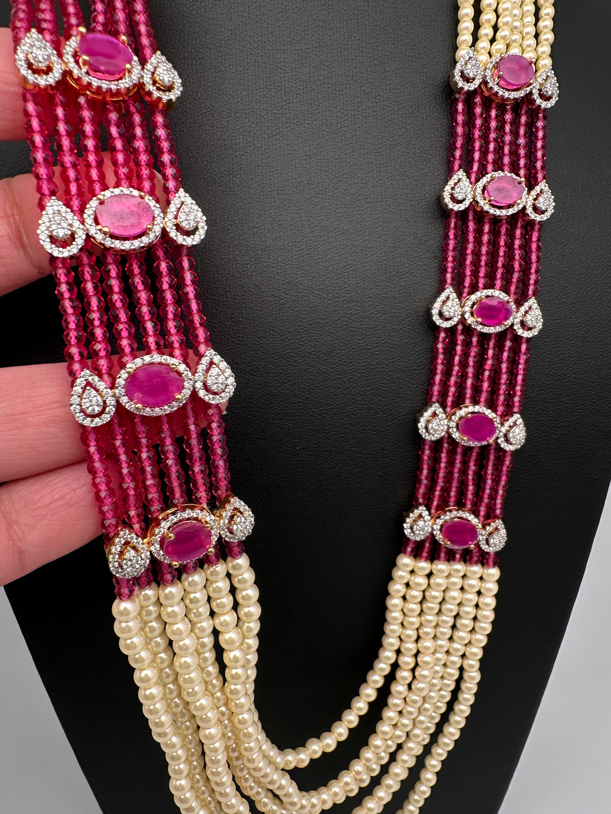 Pearls Beads Multi Layer Long Necklace - Pink