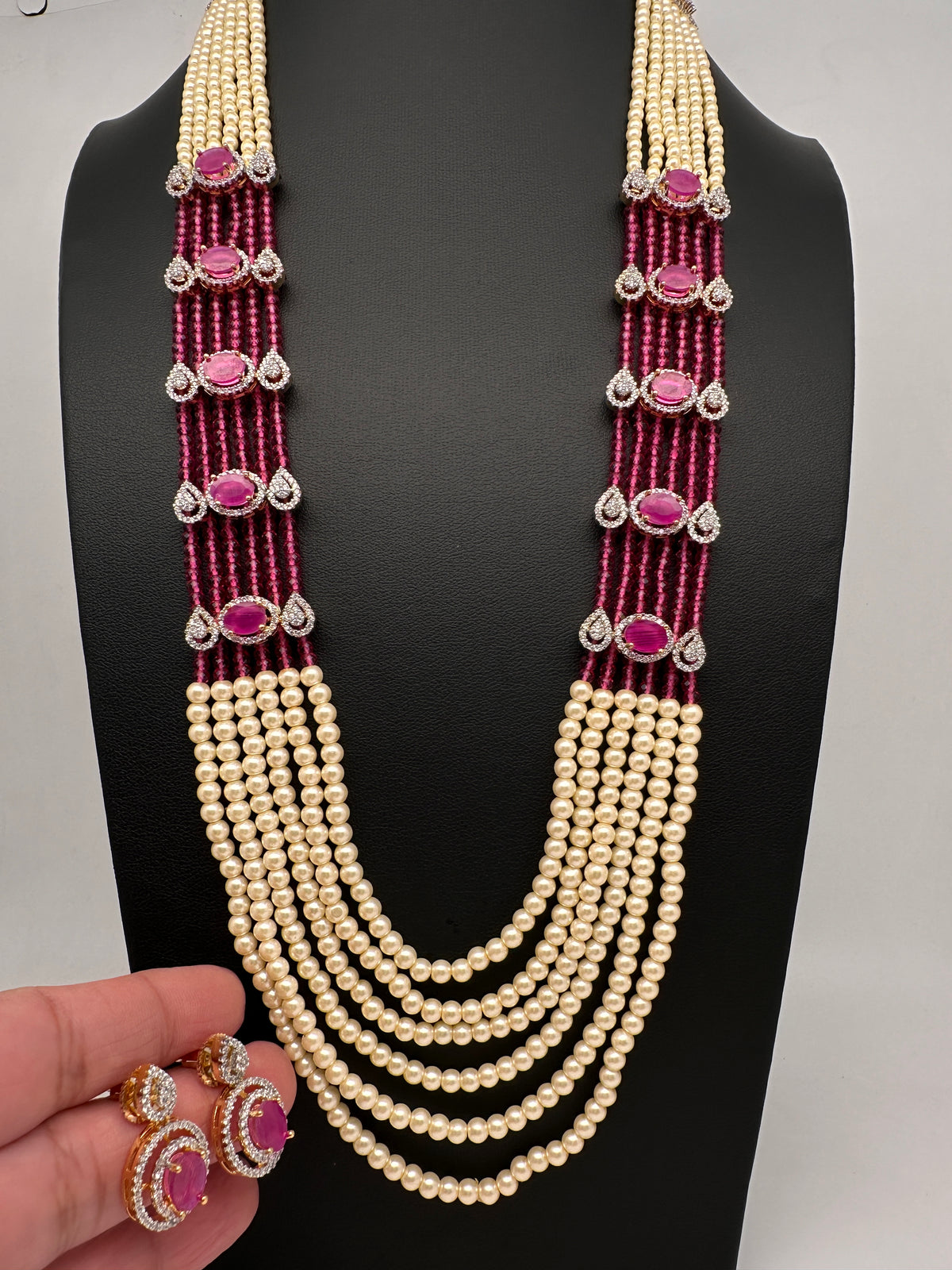 Pearls Beads Multi Layer Long Necklace - Pink