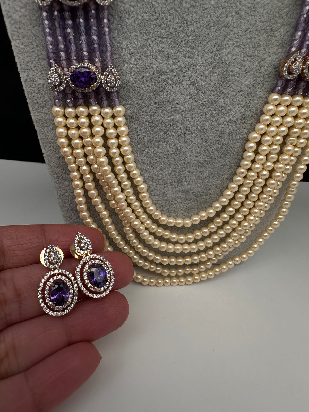 Pearls Beads Multi Layer Long Necklace - Purple