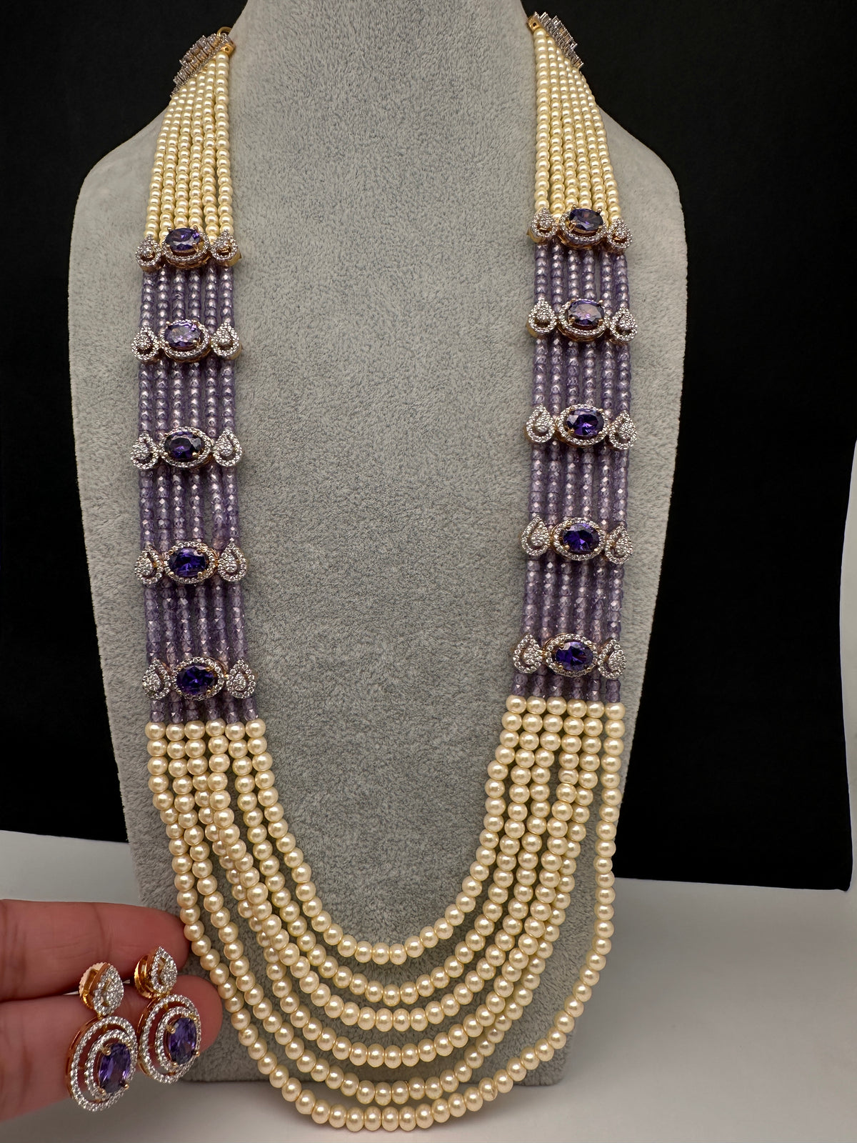 Pearls Beads Multi Layer Long Necklace - Purple