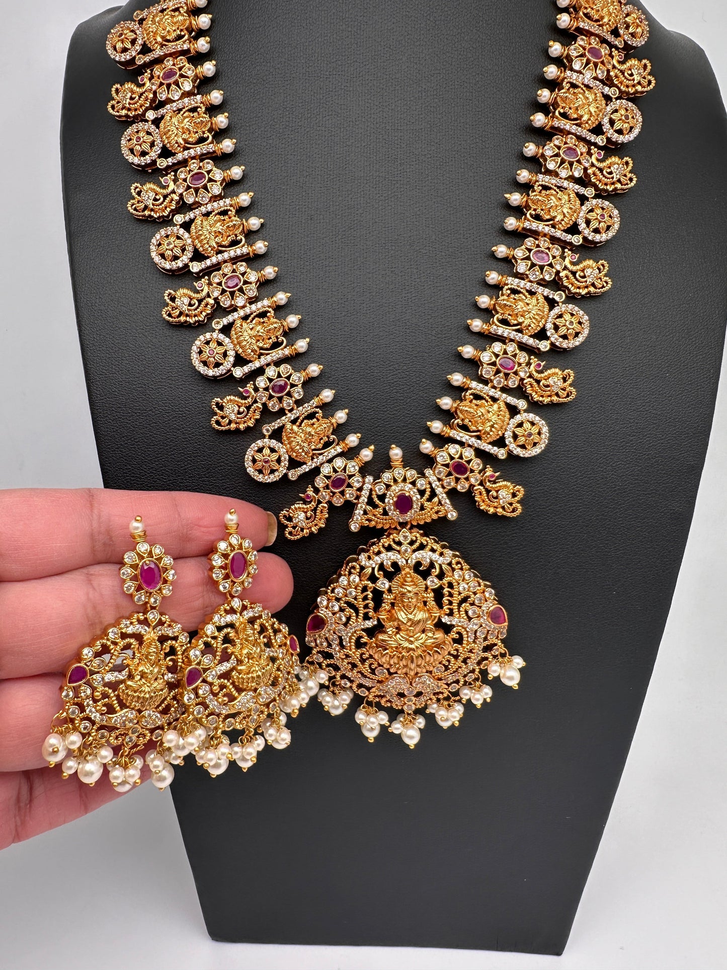 Goddess Lakshmi Red Stone Peacock Necklace