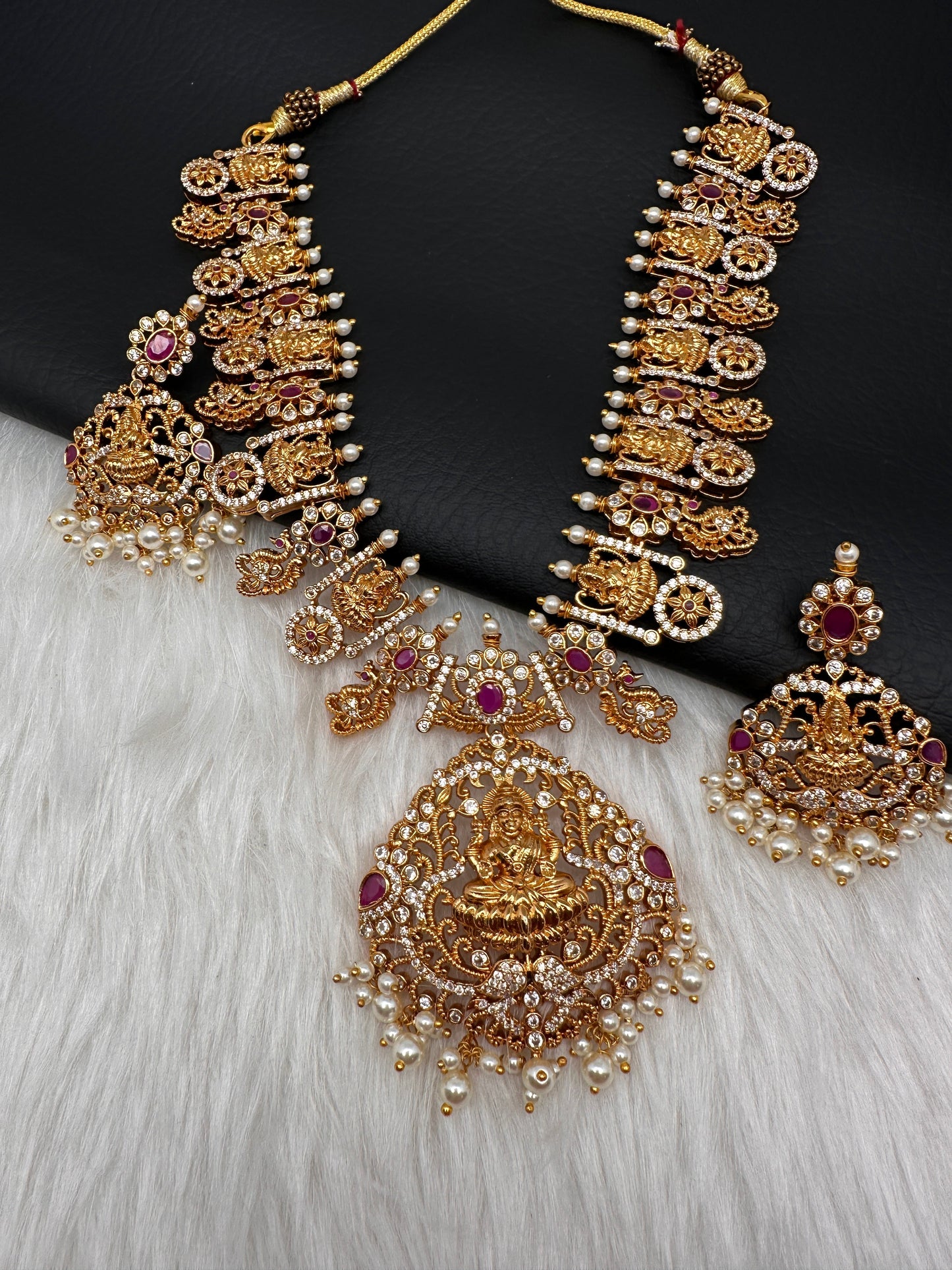 Goddess Lakshmi Red Stone Peacock Necklace