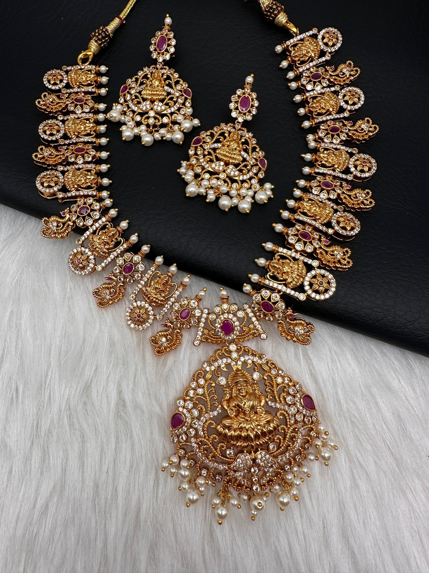 Goddess Lakshmi Red Stone Peacock Necklace