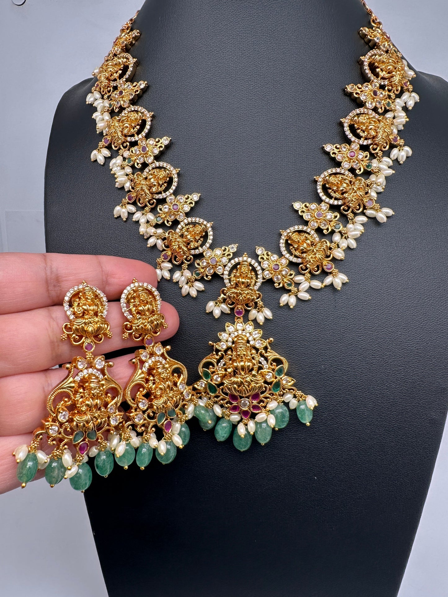 Goddess Lakshmi Links Emerald beads CZ Matte Finish Necklace