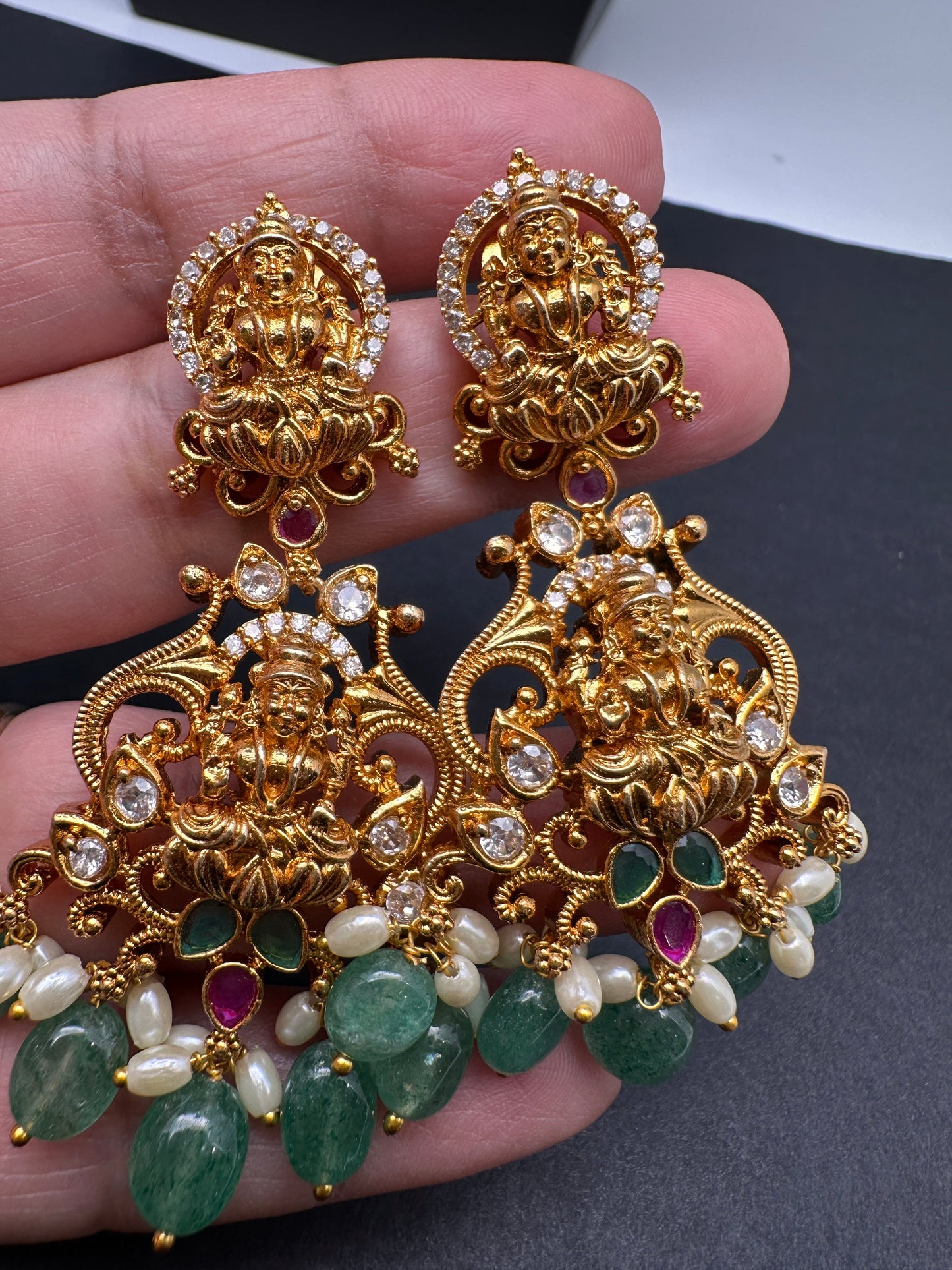Goddess Lakshmi Links Emerald beads CZ Matte Finish Necklace
