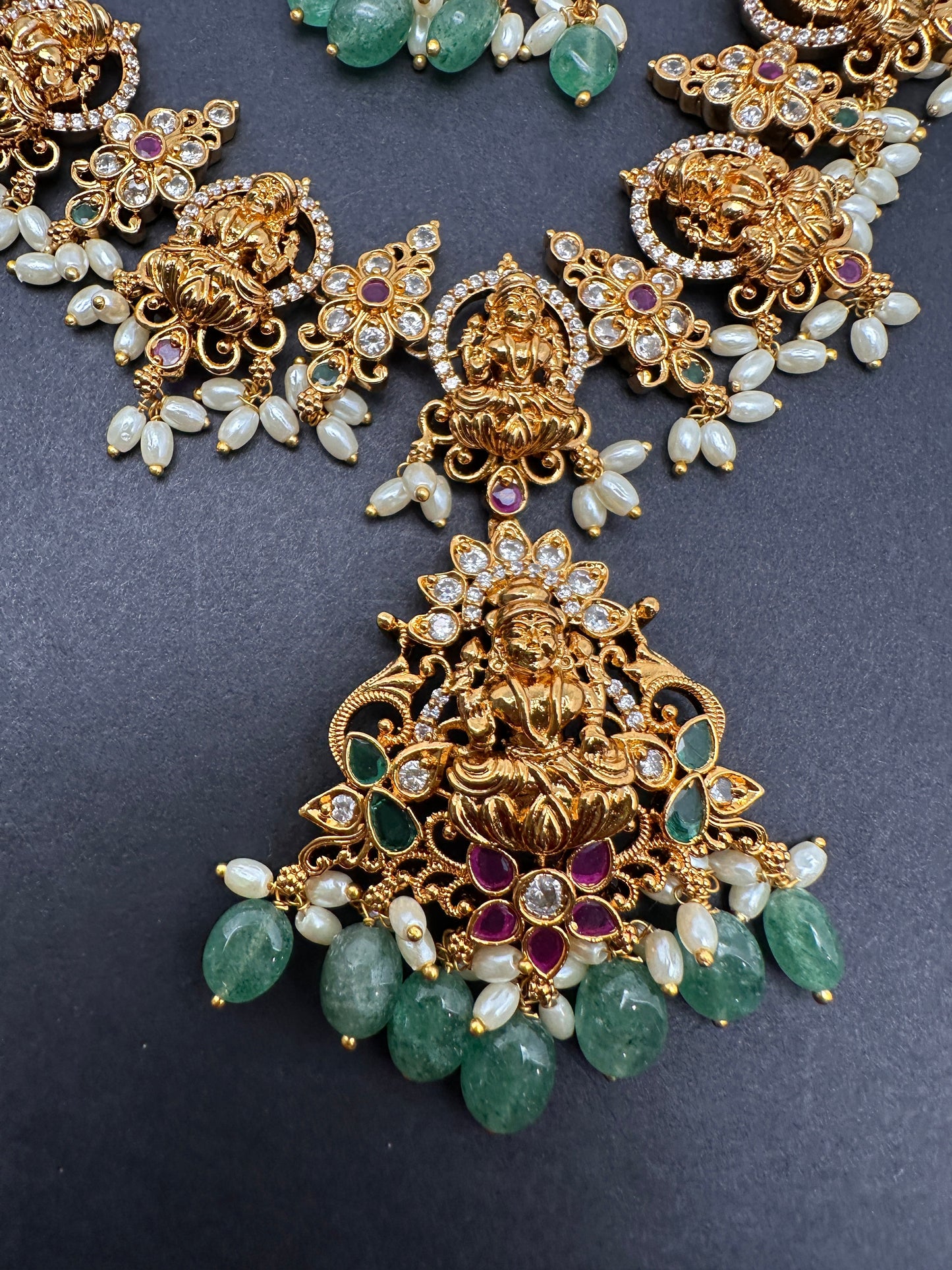 Goddess Lakshmi Links Emerald beads CZ Matte Finish Necklace