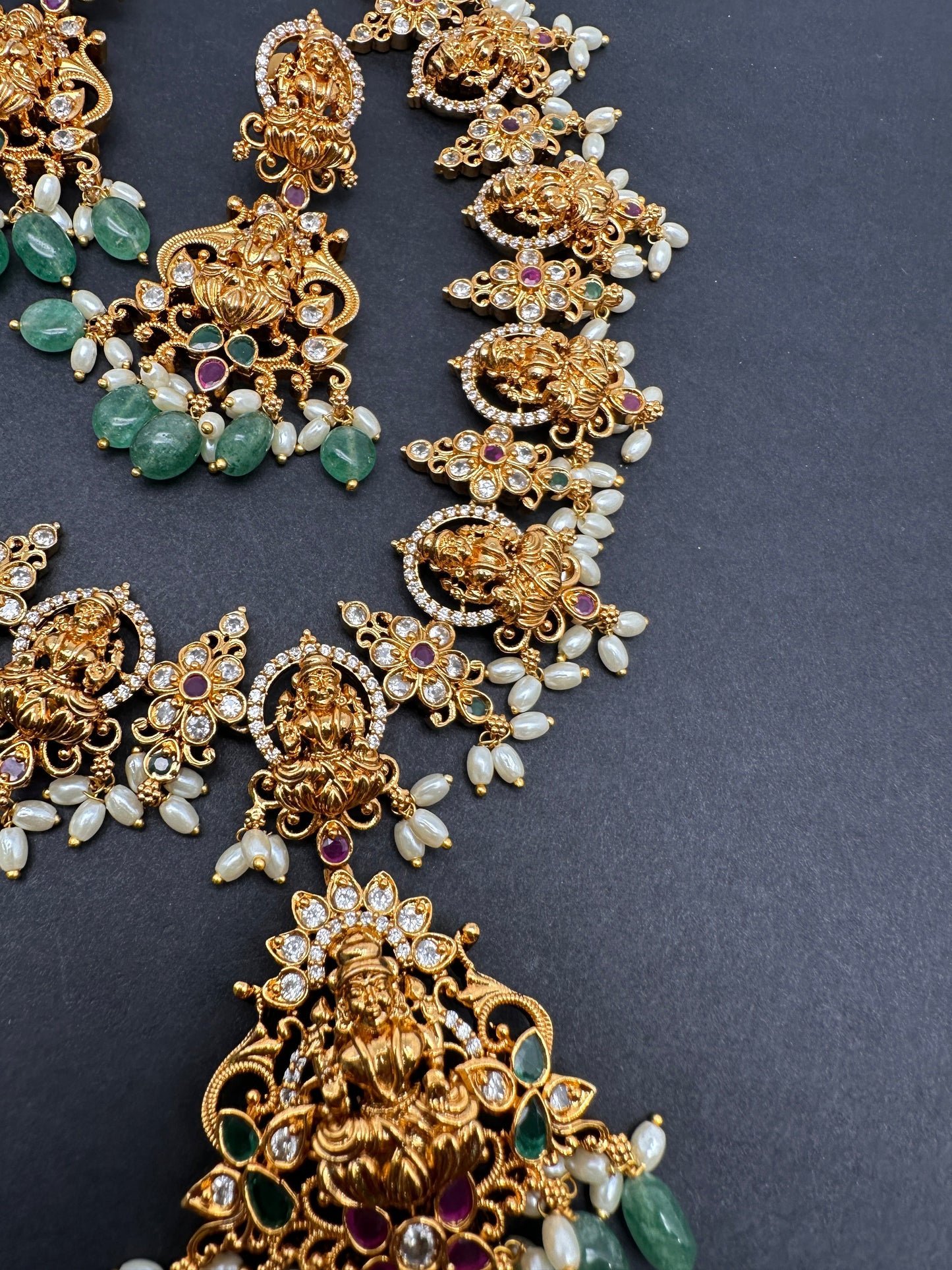 Goddess Lakshmi Links Emerald beads CZ Matte Finish Necklace
