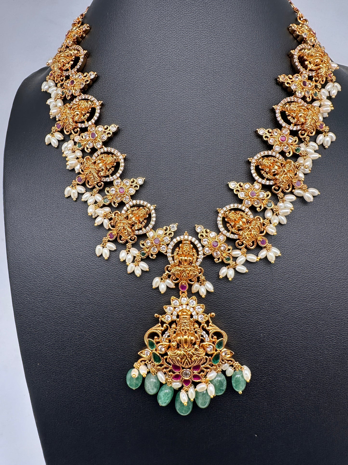Goddess Lakshmi Links Emerald beads CZ Matte Finish Necklace