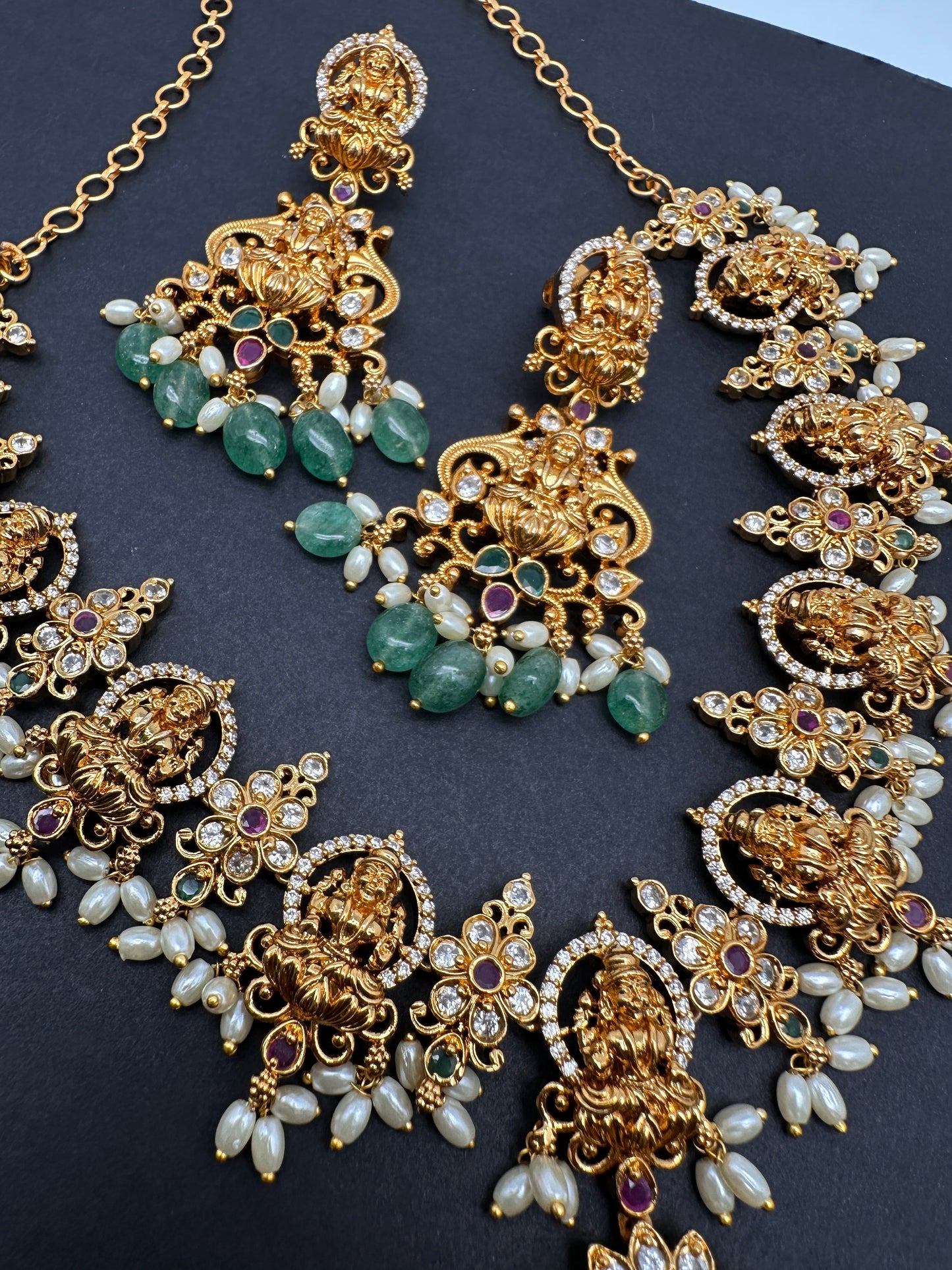 Goddess Lakshmi Links Emerald beads CZ Matte Finish Necklace