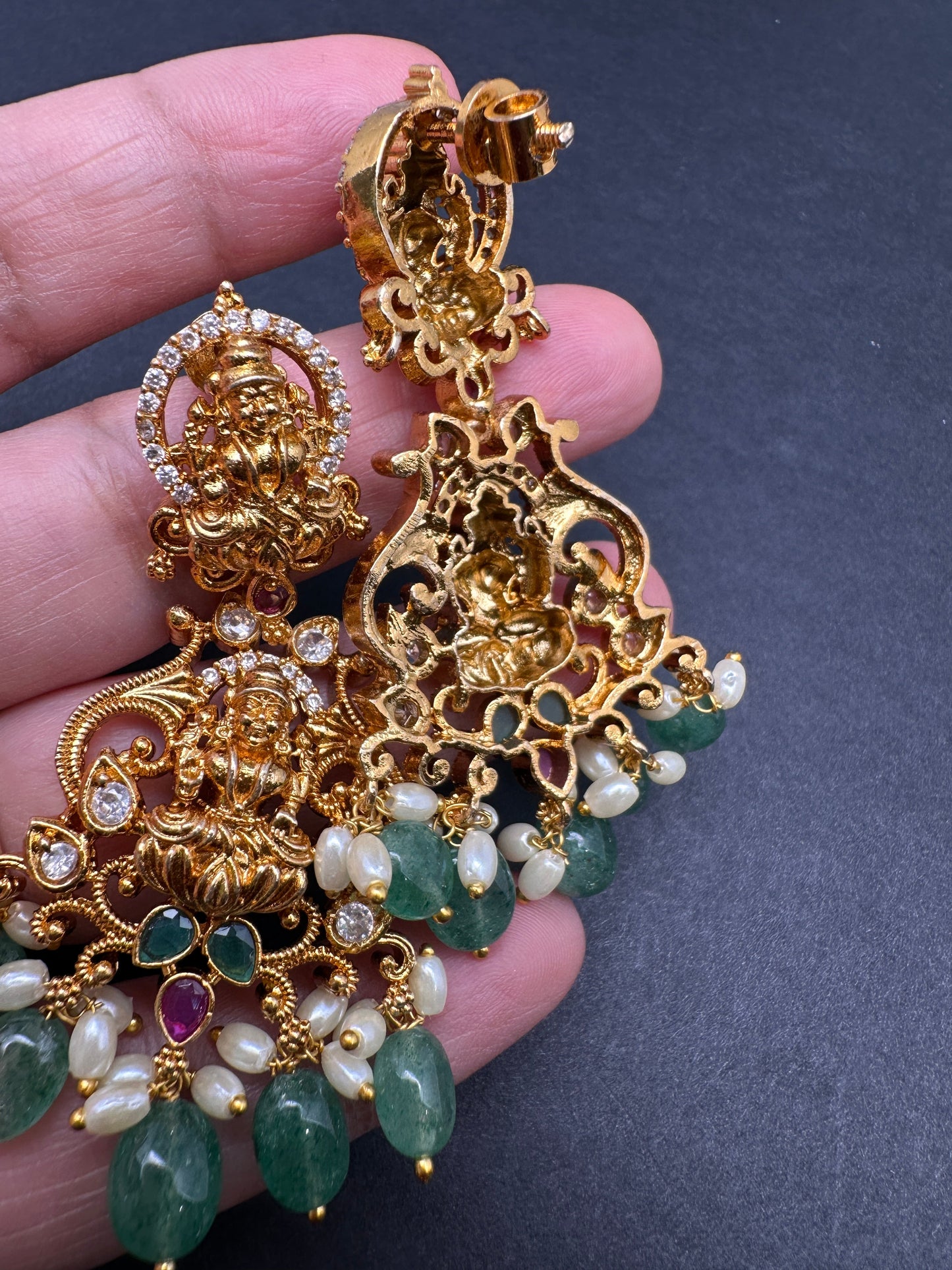 Goddess Lakshmi Links Emerald beads CZ Matte Finish Necklace