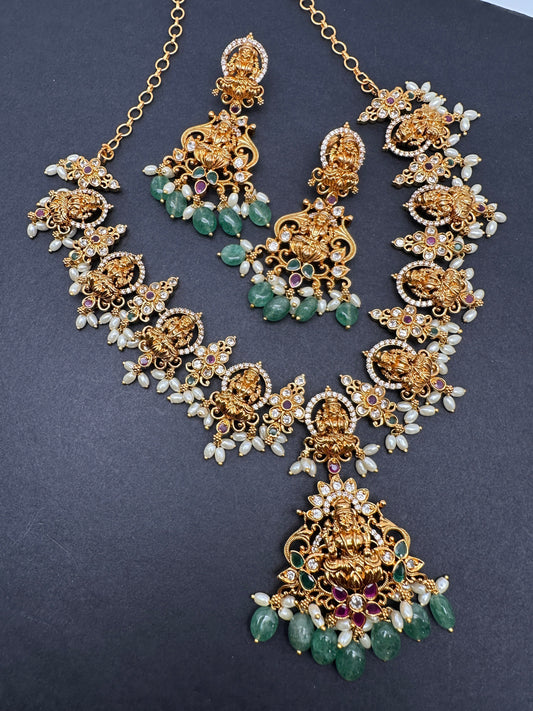 Goddess Lakshmi Links Emerald beads CZ Matte Finish Necklace