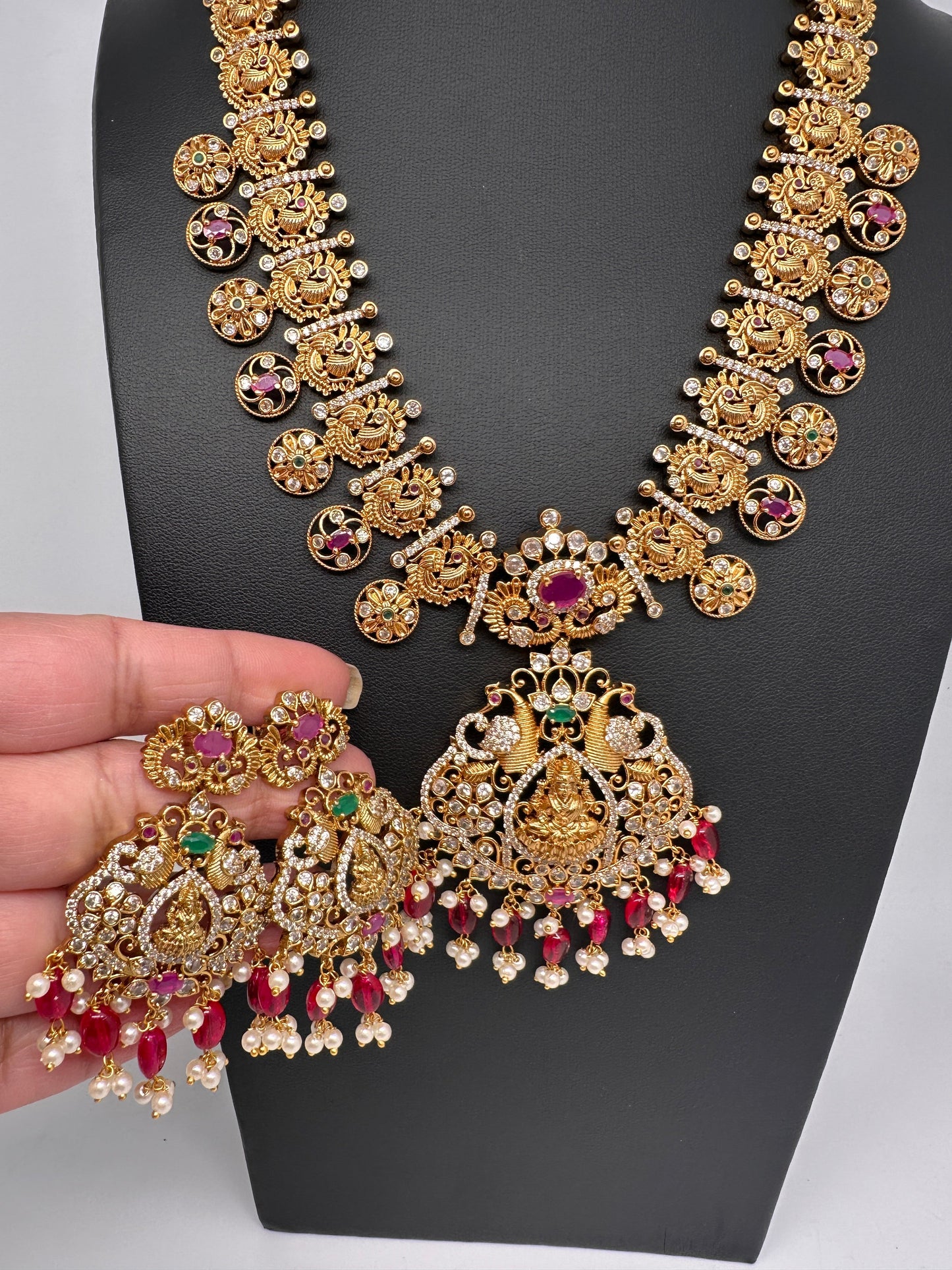 Goddess Lakshmi Peacock Links Red beads CZ Matte Finish Necklace