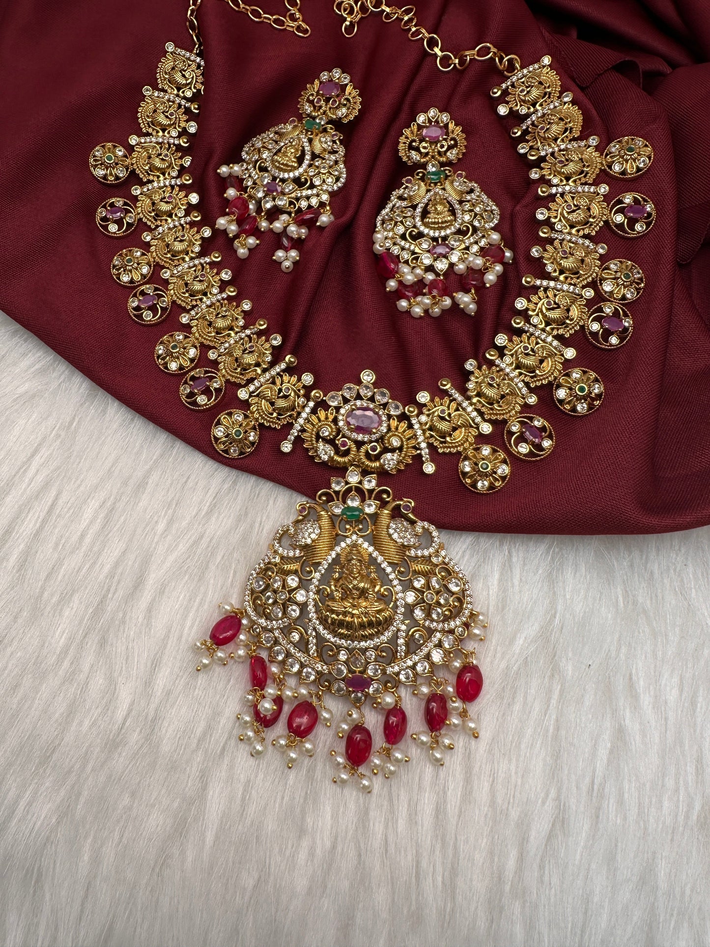 Goddess Lakshmi Peacock Links Red beads CZ Matte Finish Necklace