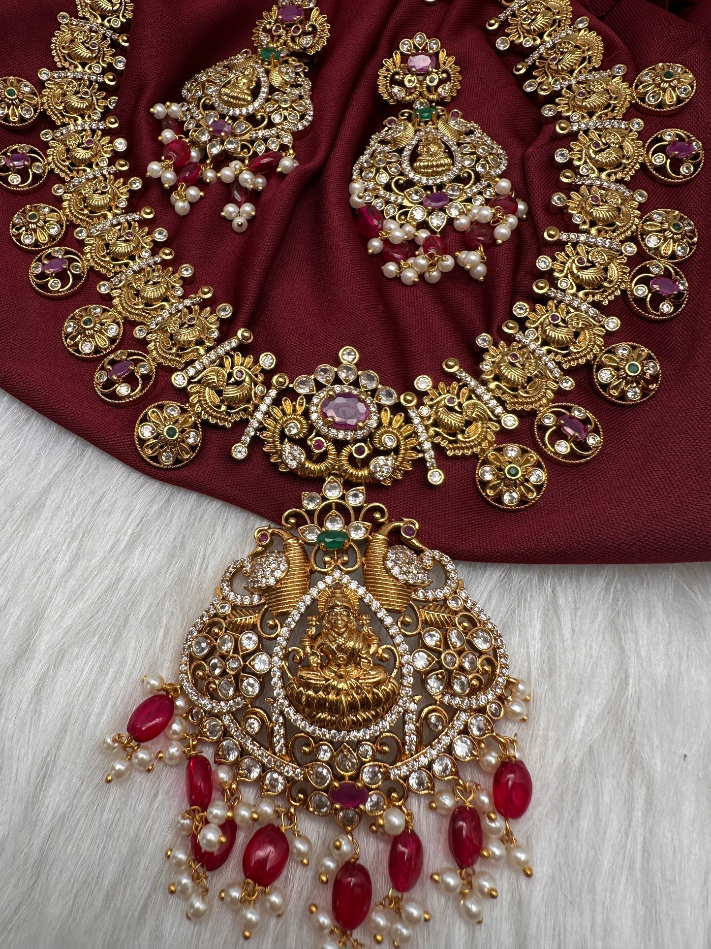 Goddess Lakshmi Peacock Links Red beads CZ Matte Finish Necklace