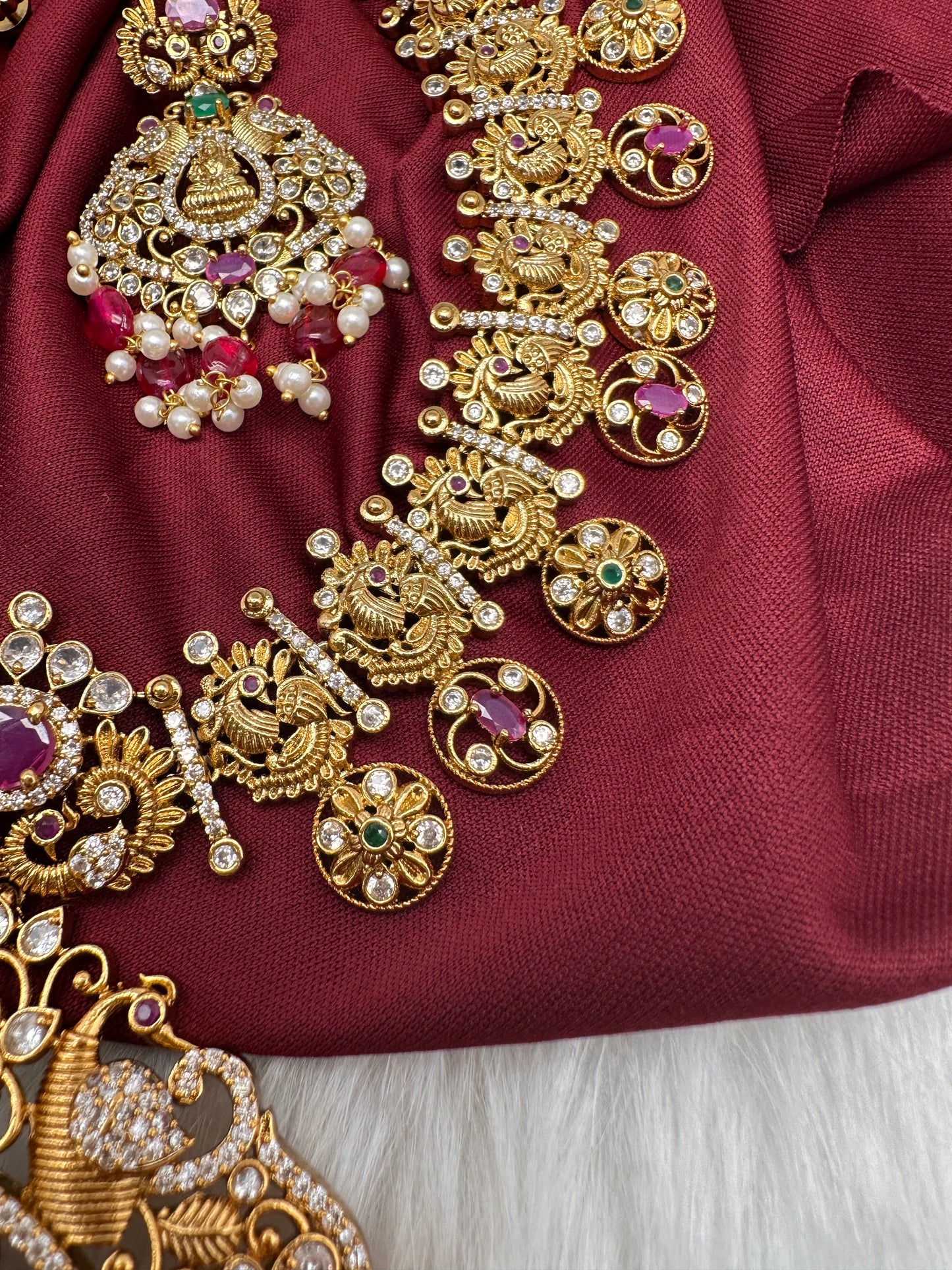 Goddess Lakshmi Peacock Links Red beads CZ Matte Finish Necklace